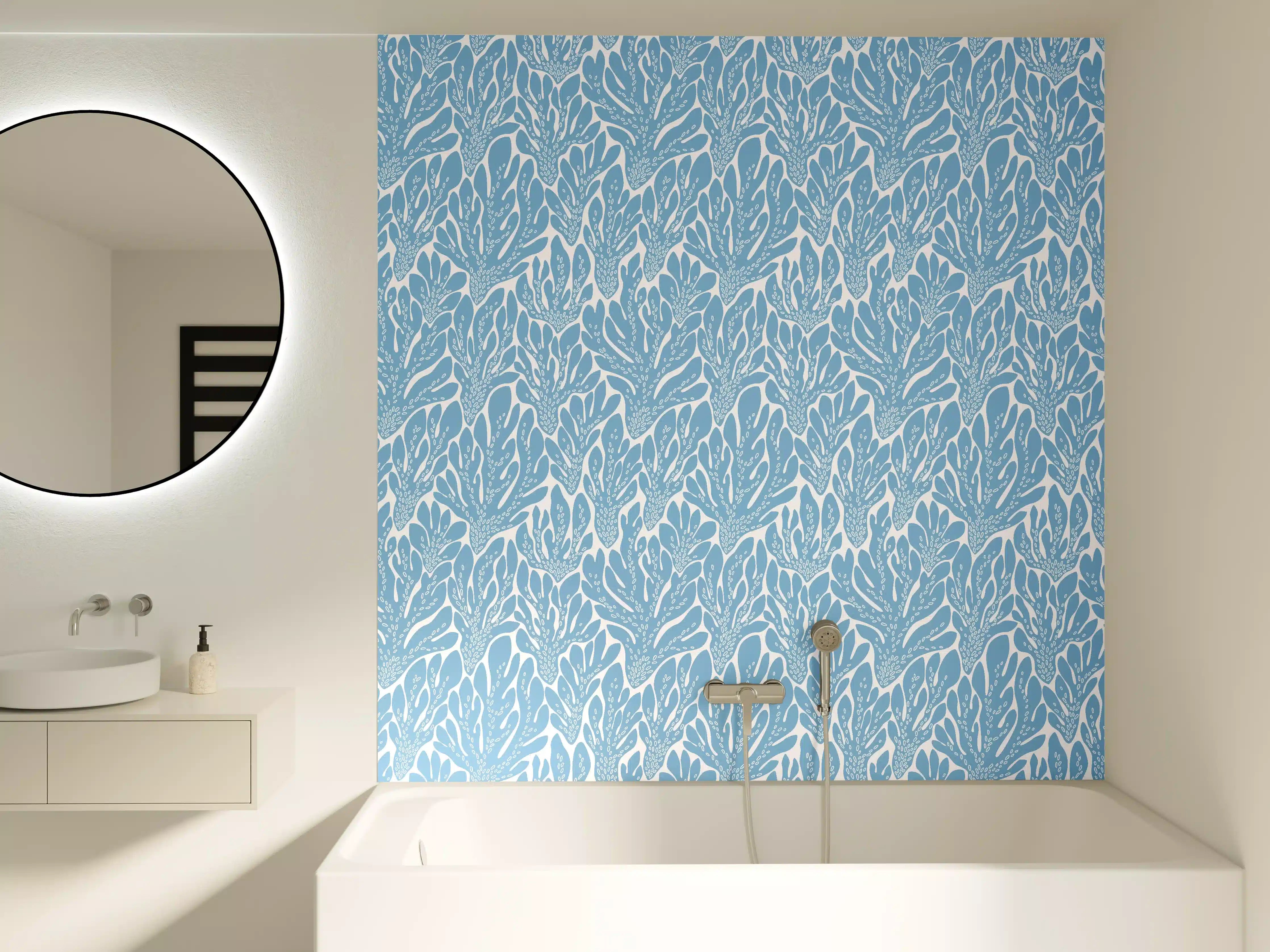 Badewannen-Rückwand - Korallen-Abstract Blau-Weiß