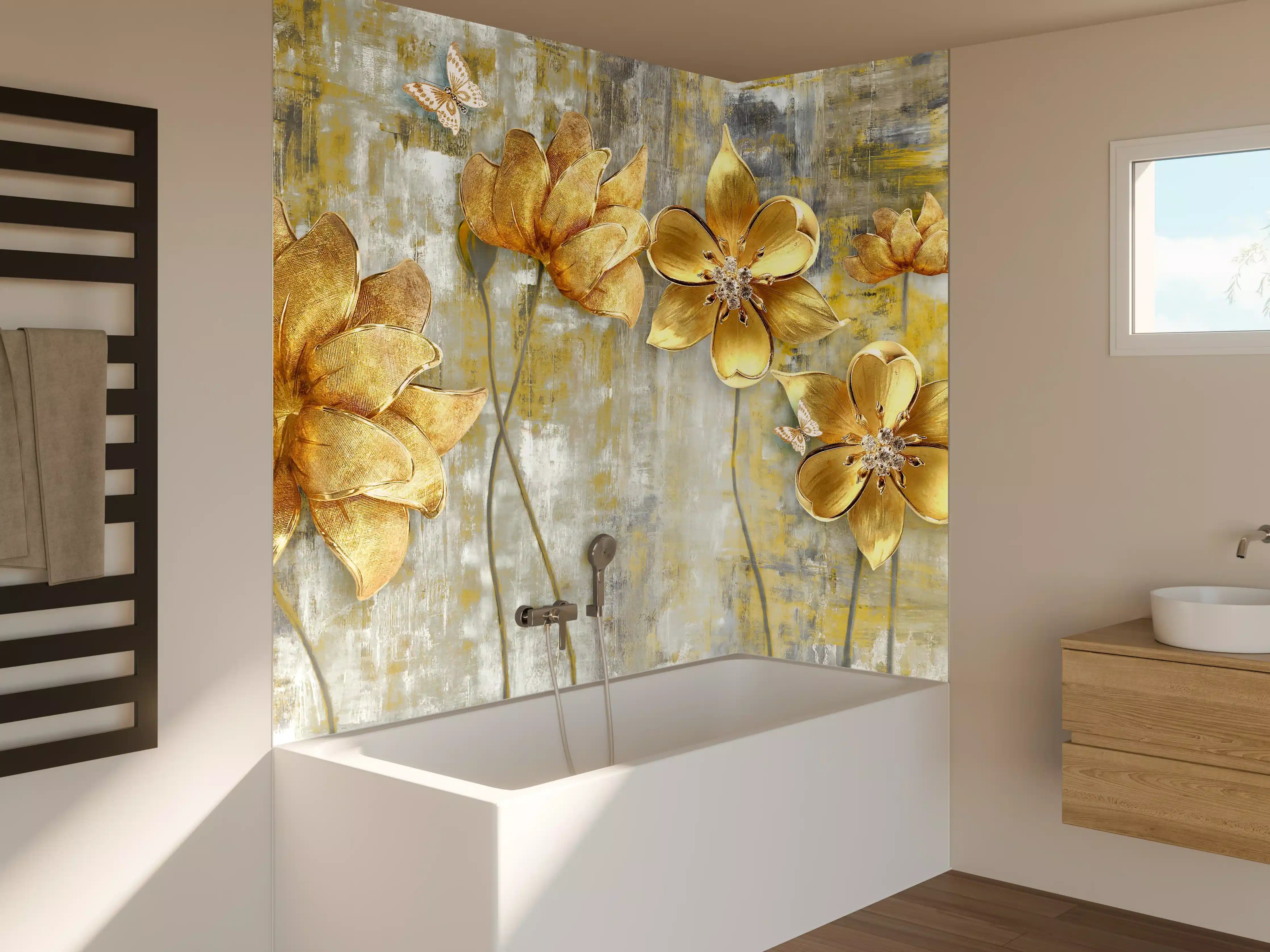 Badewannen-Rückwand - Künstlerische Blattgold-Blumen