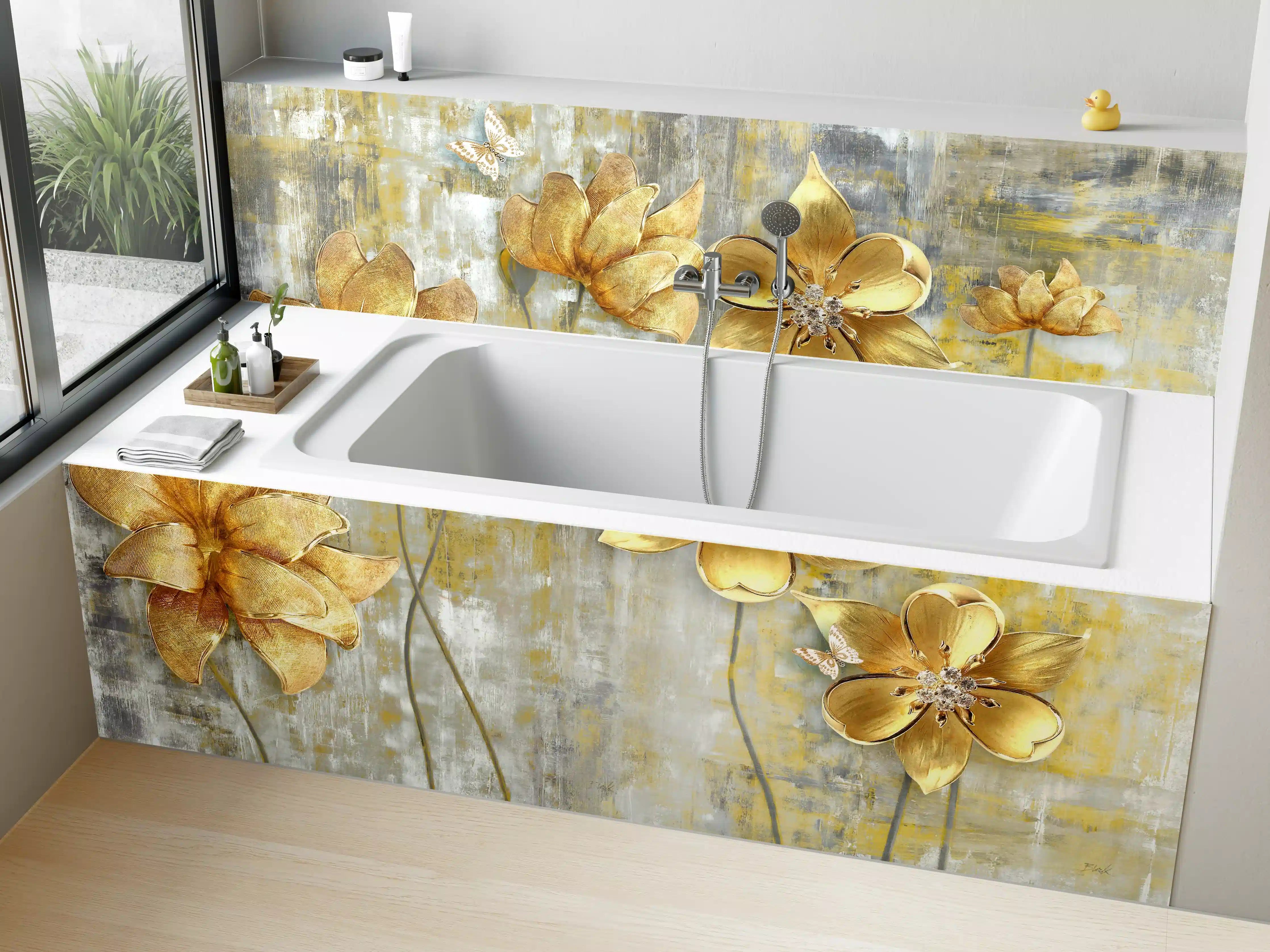 Badewannen-Rückwand - Künstlerische Blattgold-Blumen