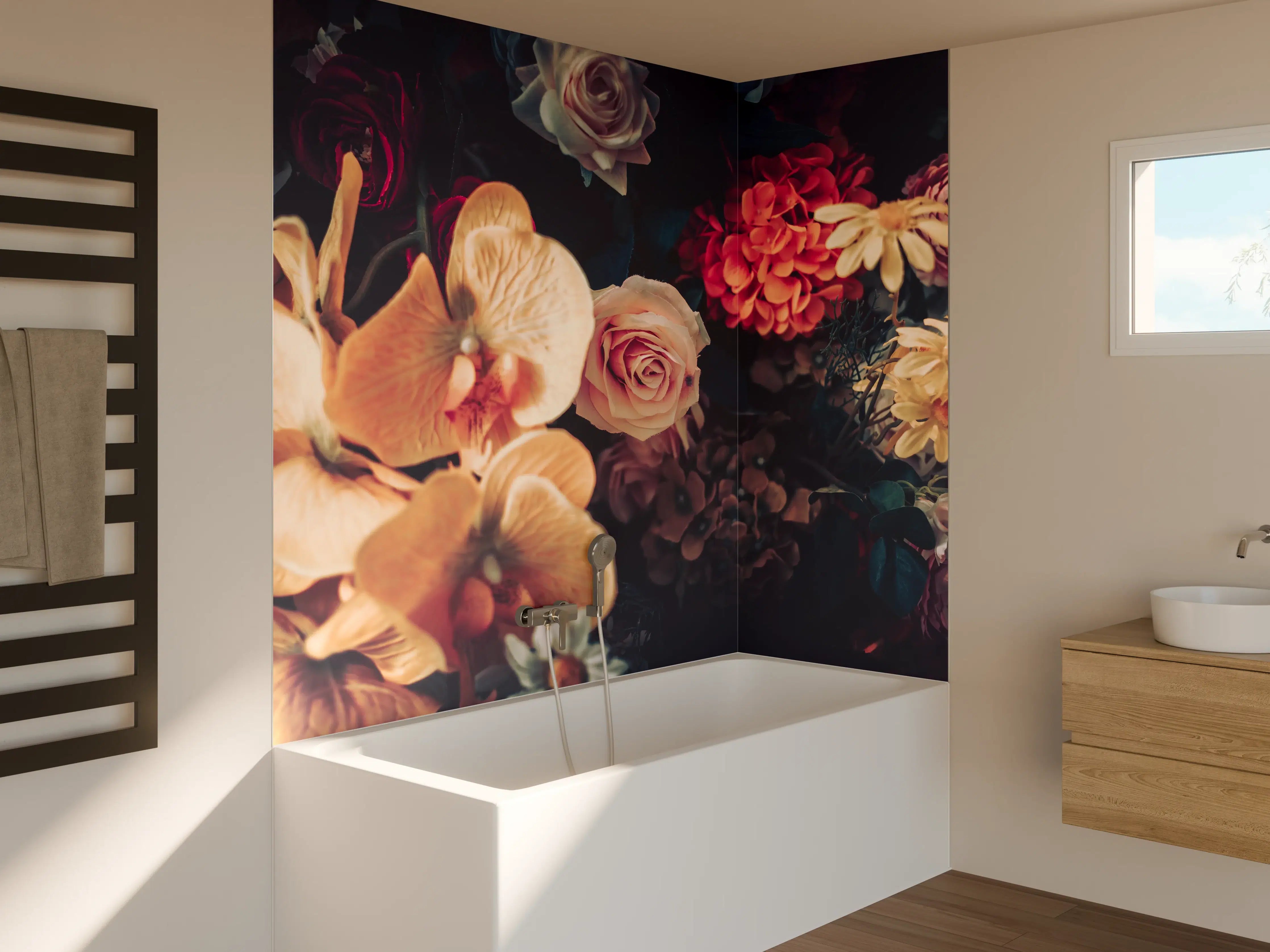 Badewannen-Rückwand - Künstliche Sommerblumen im Vintage-Stil