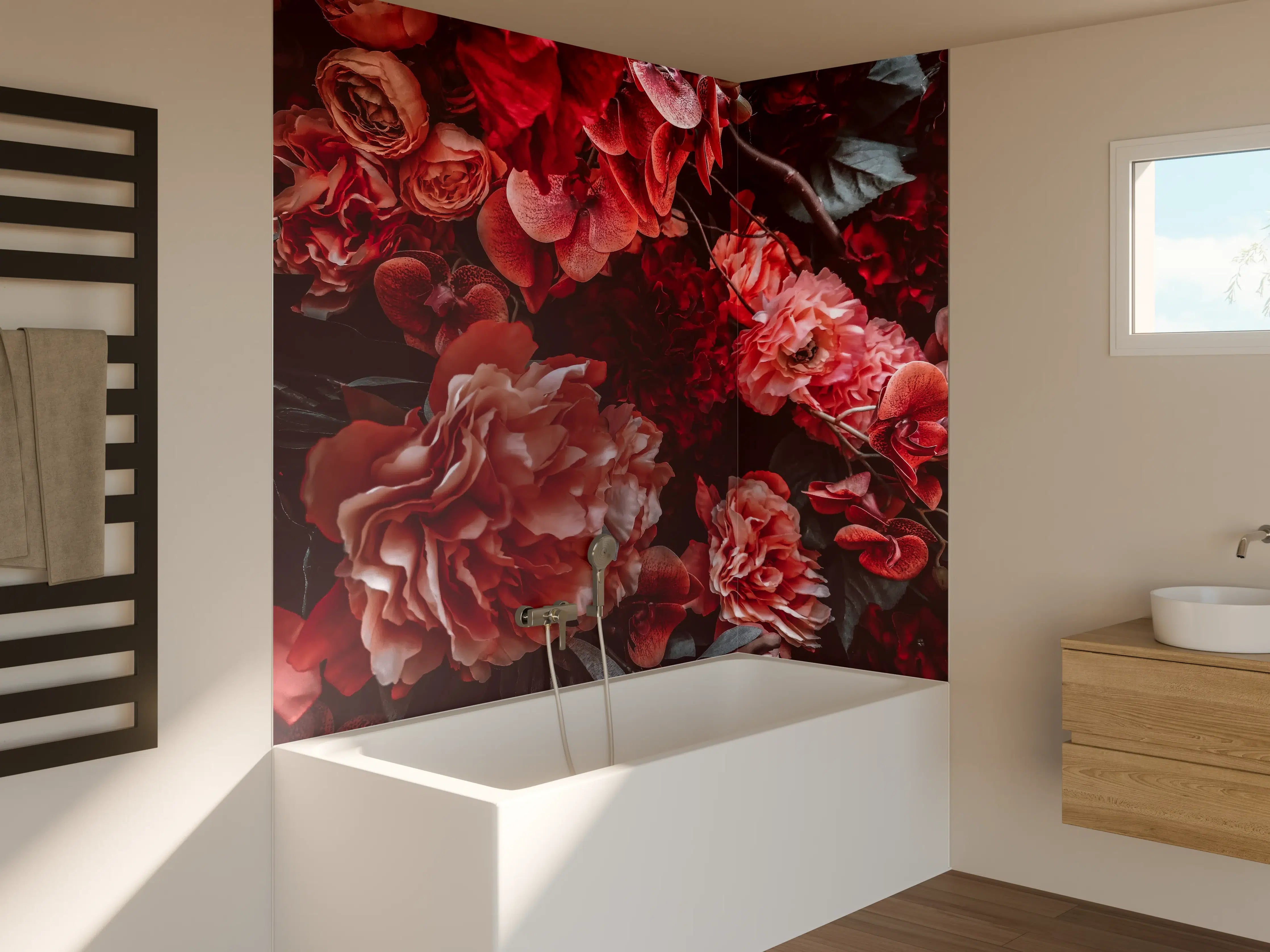 Badewannen-Rückwand - Künstliche rötliche Blumen