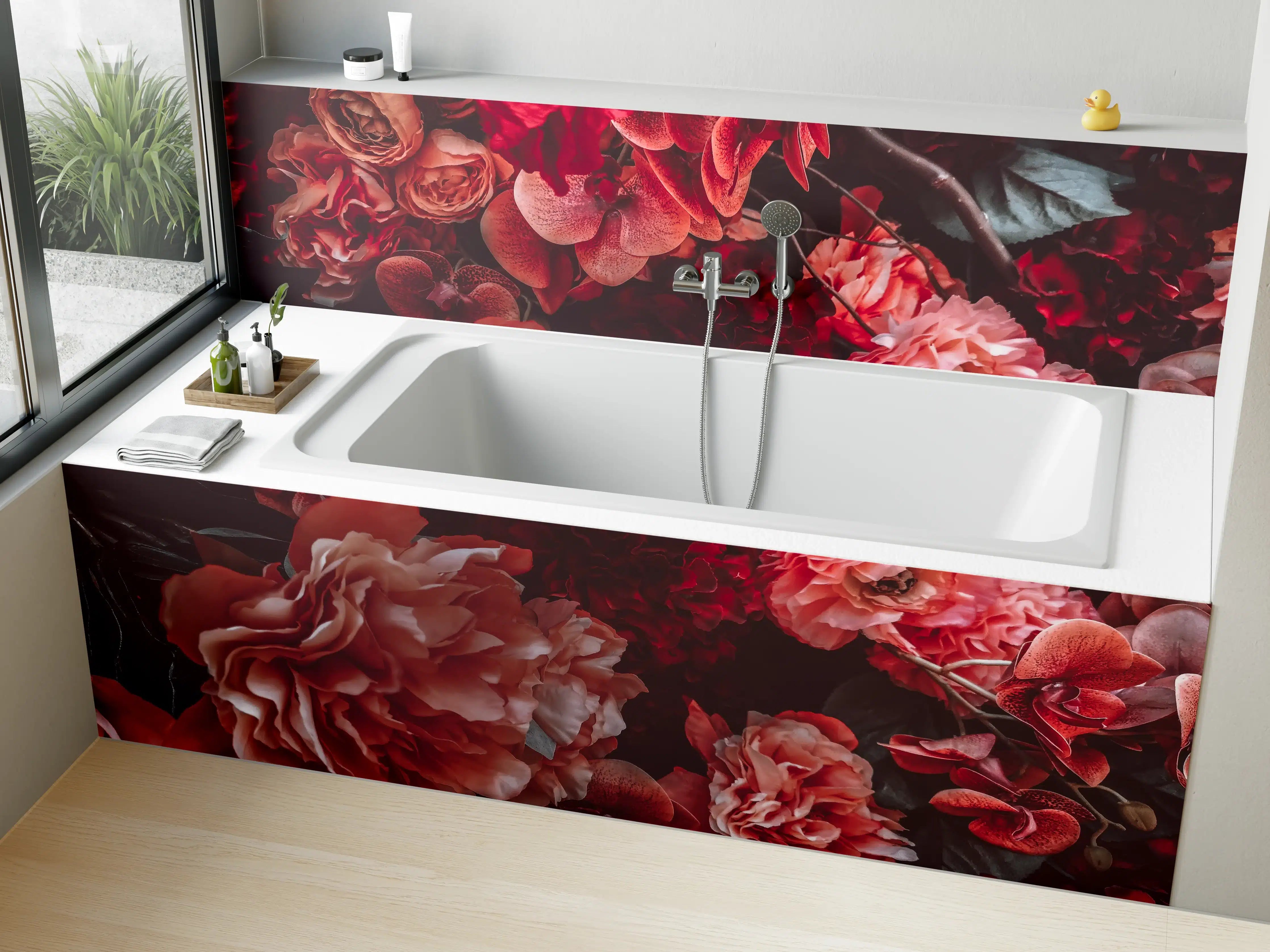 Badewannen-Rückwand - Künstliche rötliche Blumen
