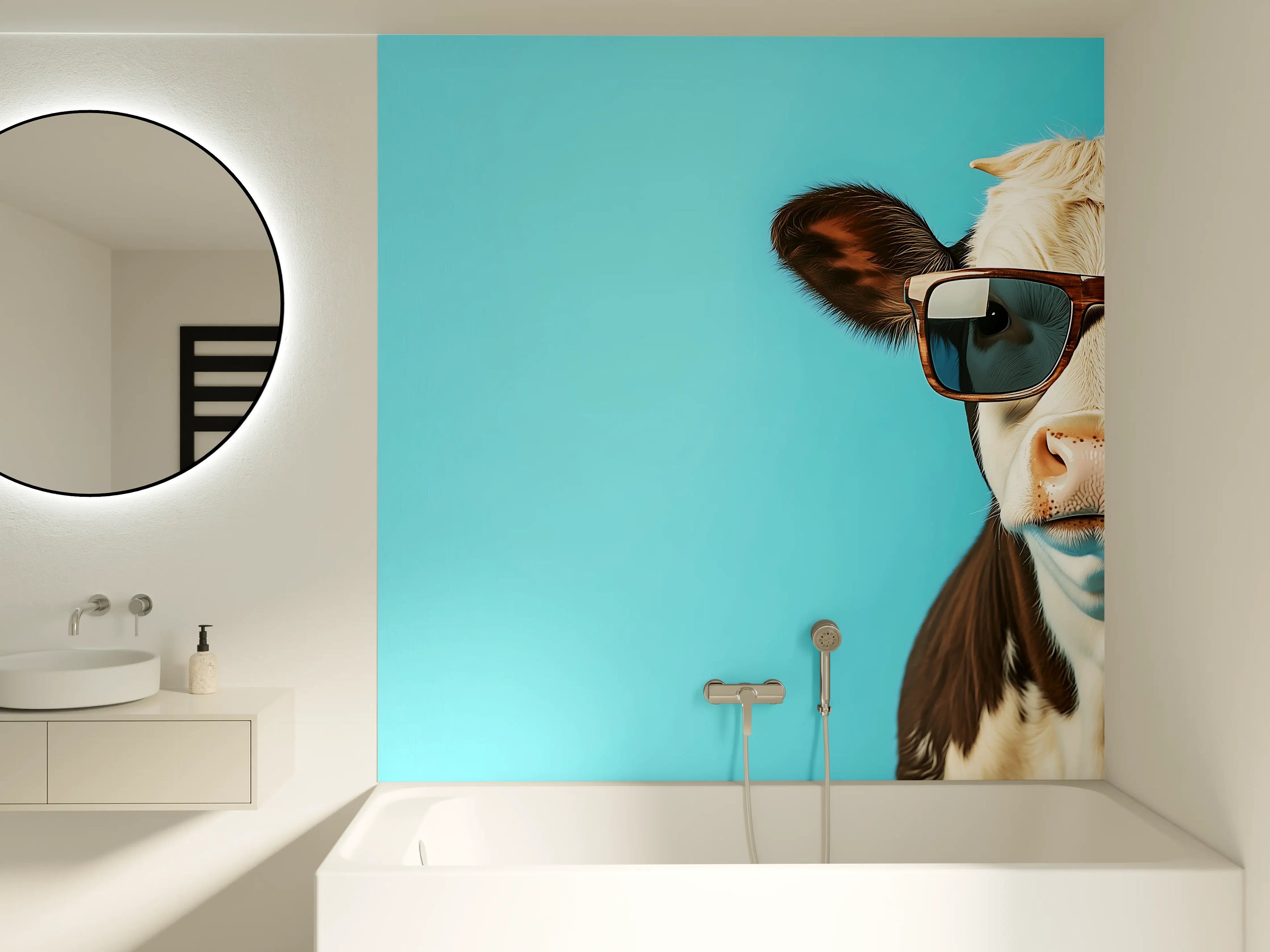 Badewannen-Rückwand - Kuh mit Sonnenbrille, Türkis