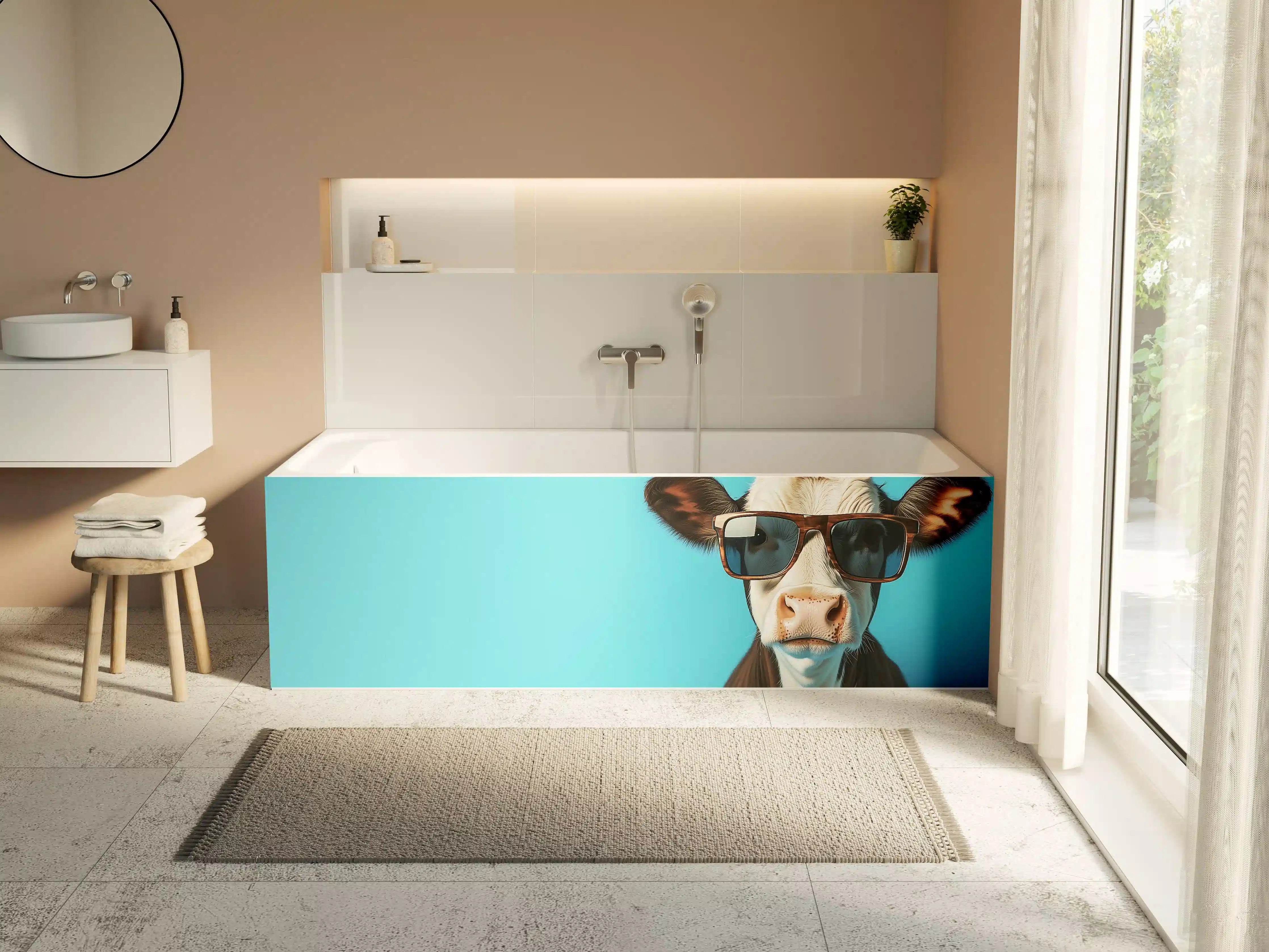 Badewannen-Rückwand - Kuh mit Sonnenbrille, Türkis