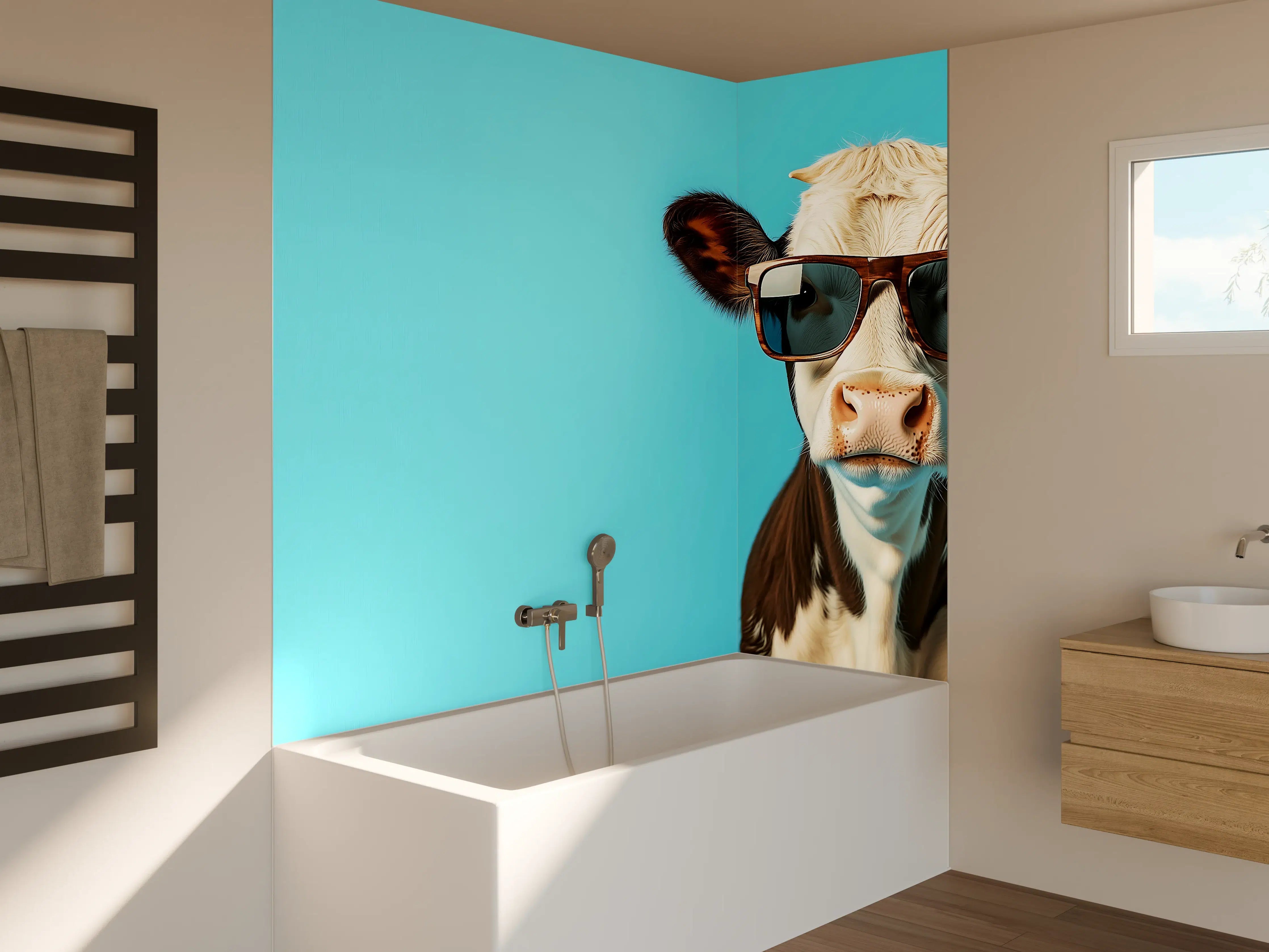 Badewannen-Rückwand - Kuh mit Sonnenbrille, Türkis