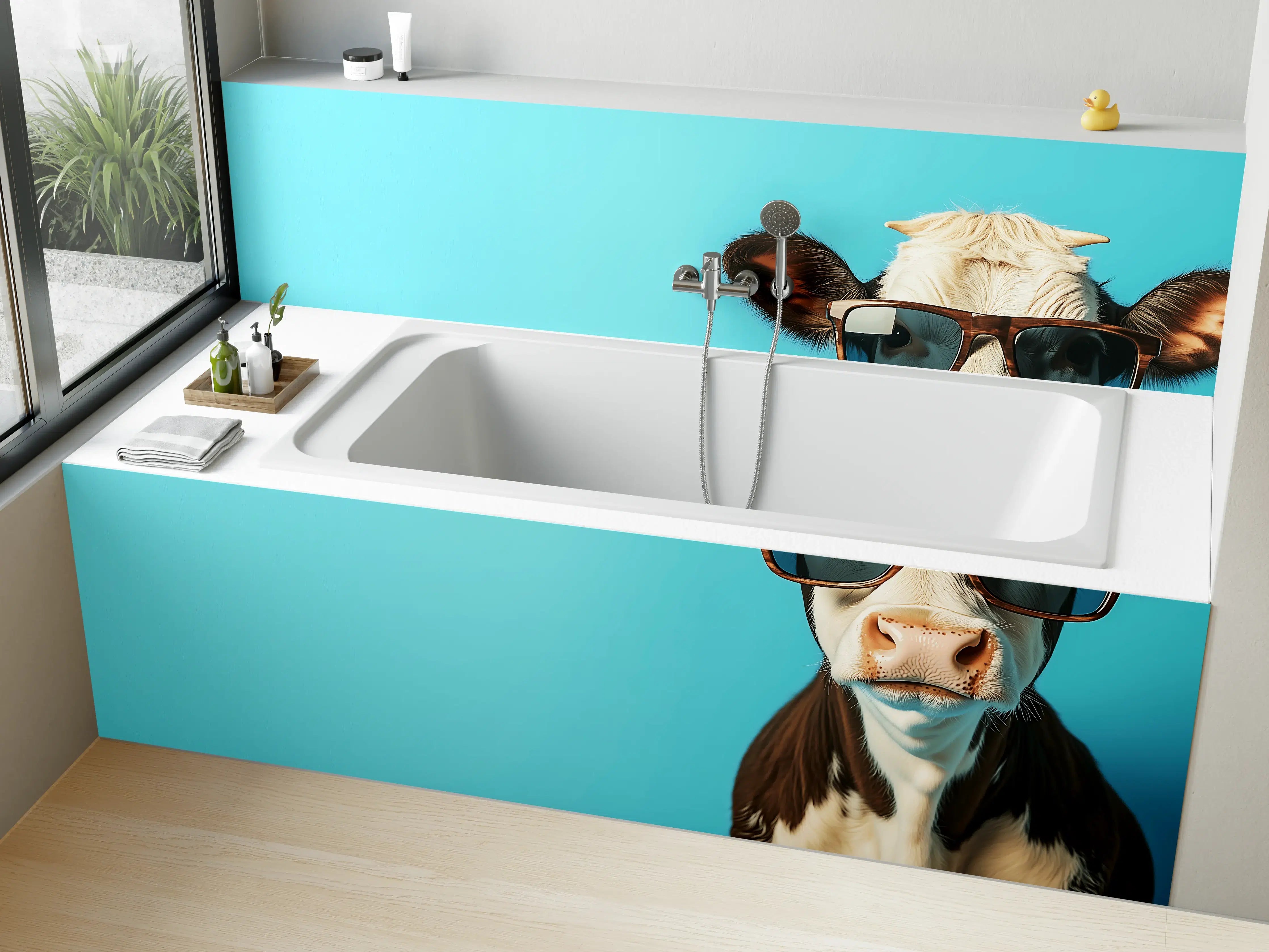 Badewannen-Rückwand - Kuh mit Sonnenbrille, Türkis