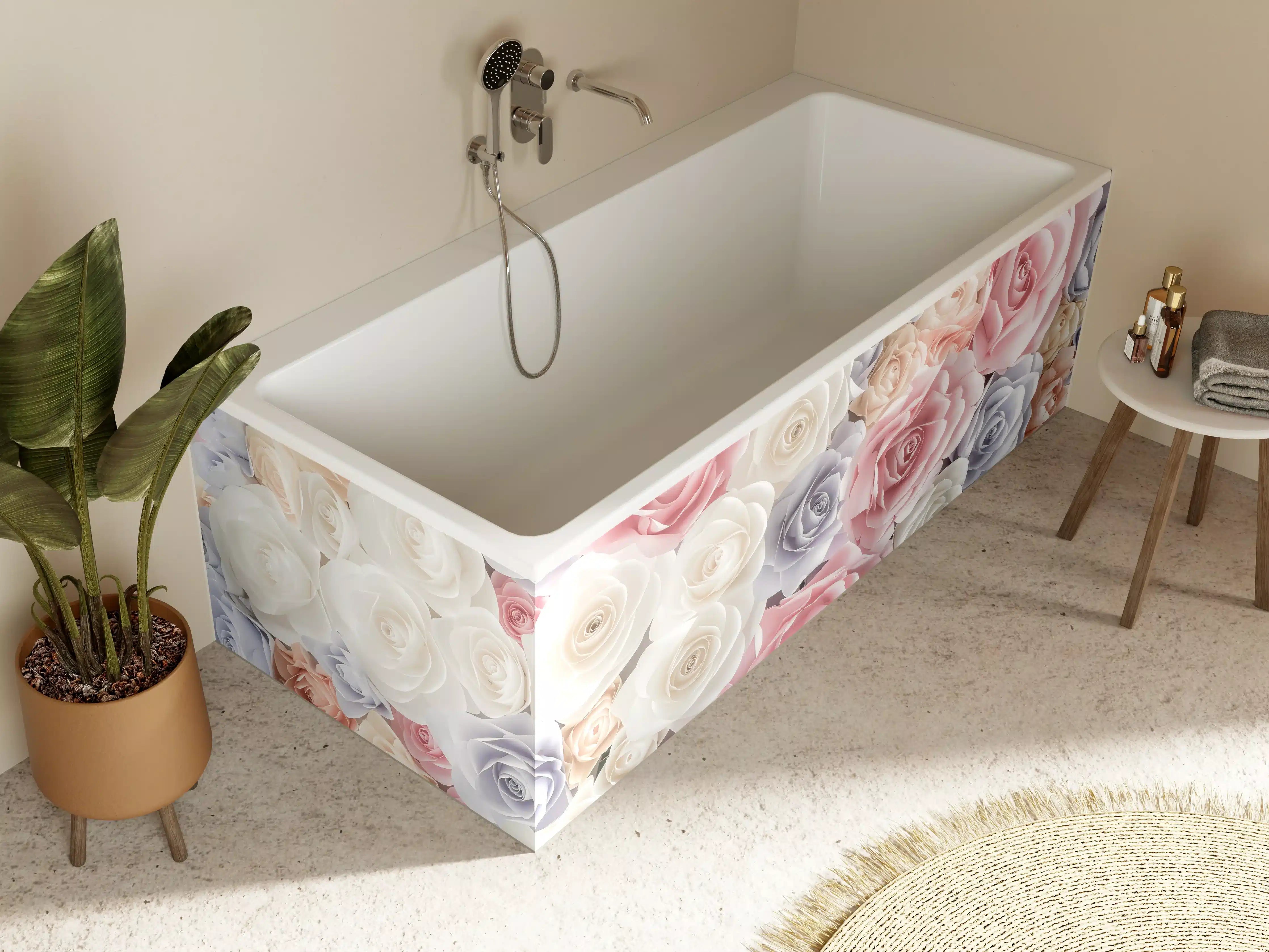 Badewannen-Rückwand - Kulisse aus bunten Papierrosen