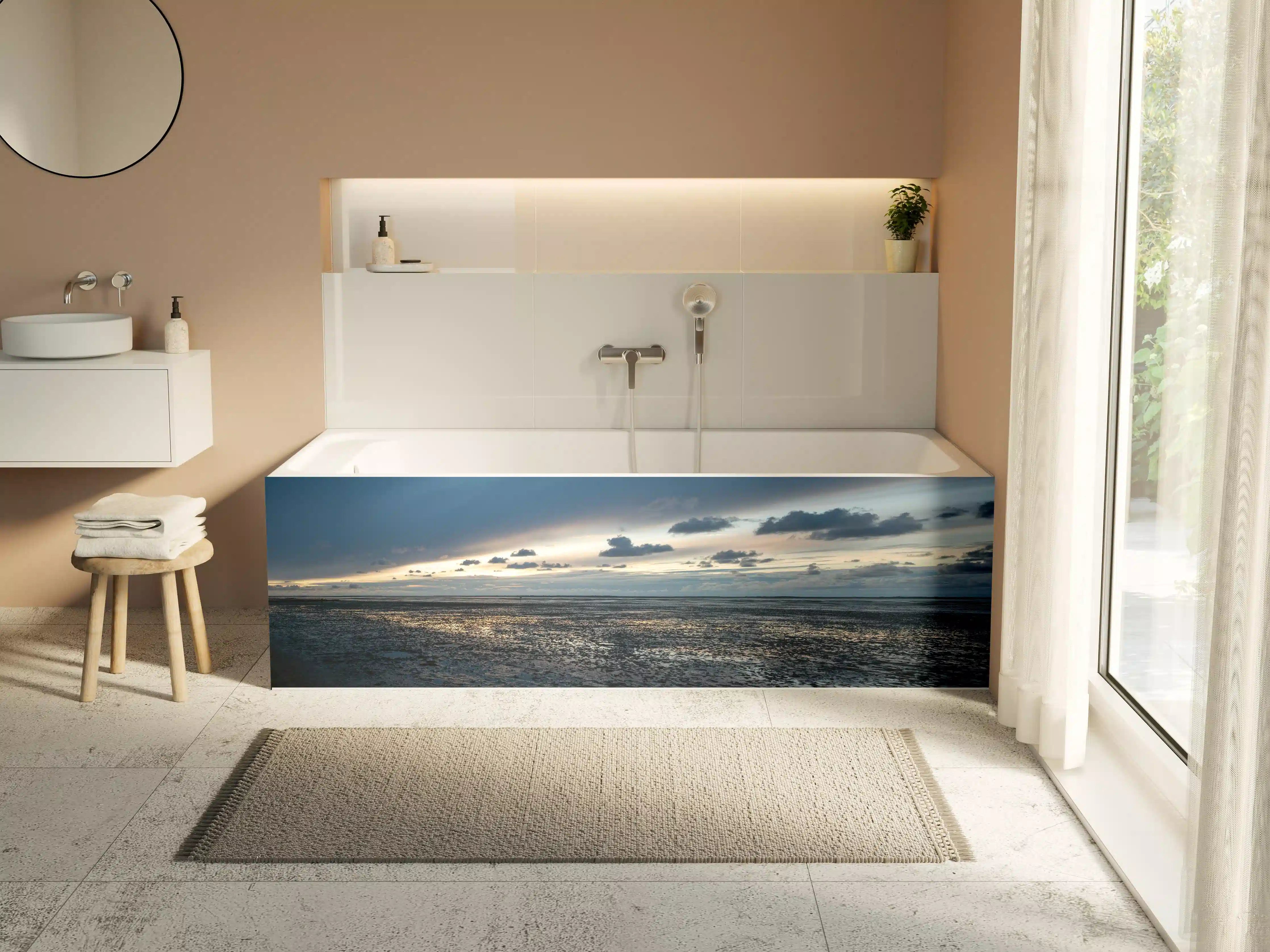Badewannen-Rückwand - Landschaft am Meer bei Sonnenuntergang