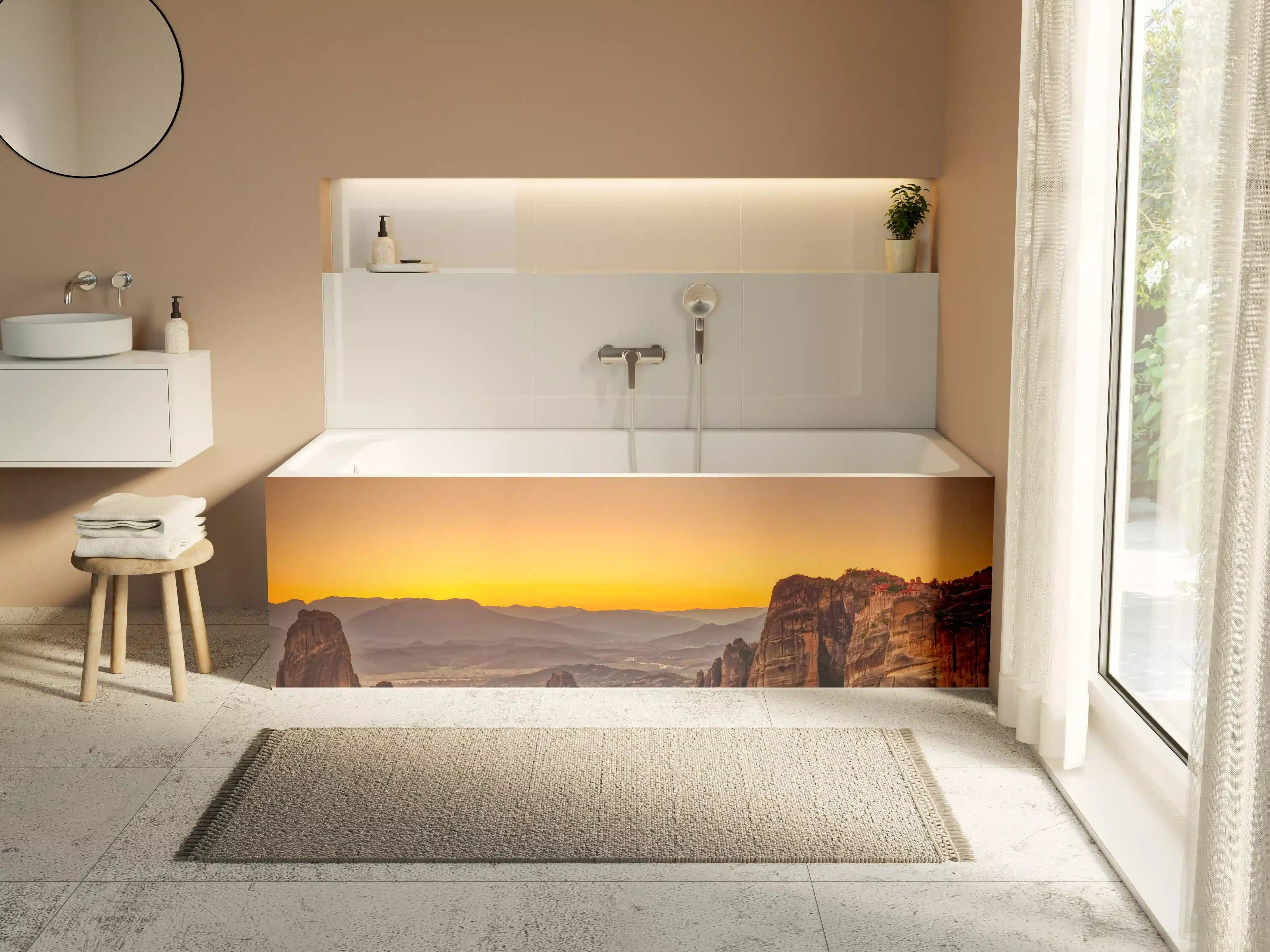 Badewannen-Rückwand - Landschaft mit Klöstern und Felsformationen