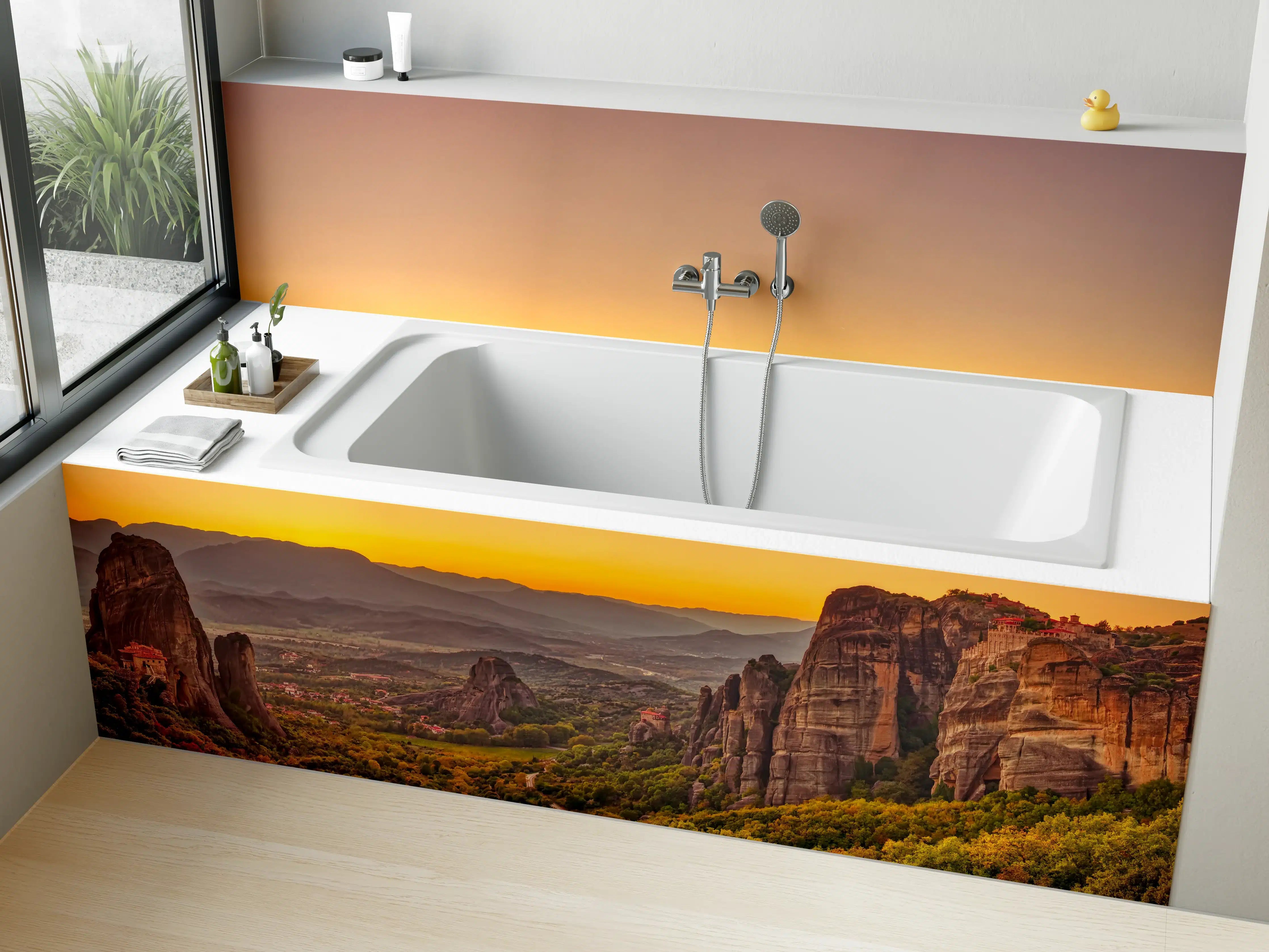 Badewannen-Rückwand - Landschaft mit Klöstern und Felsformationen