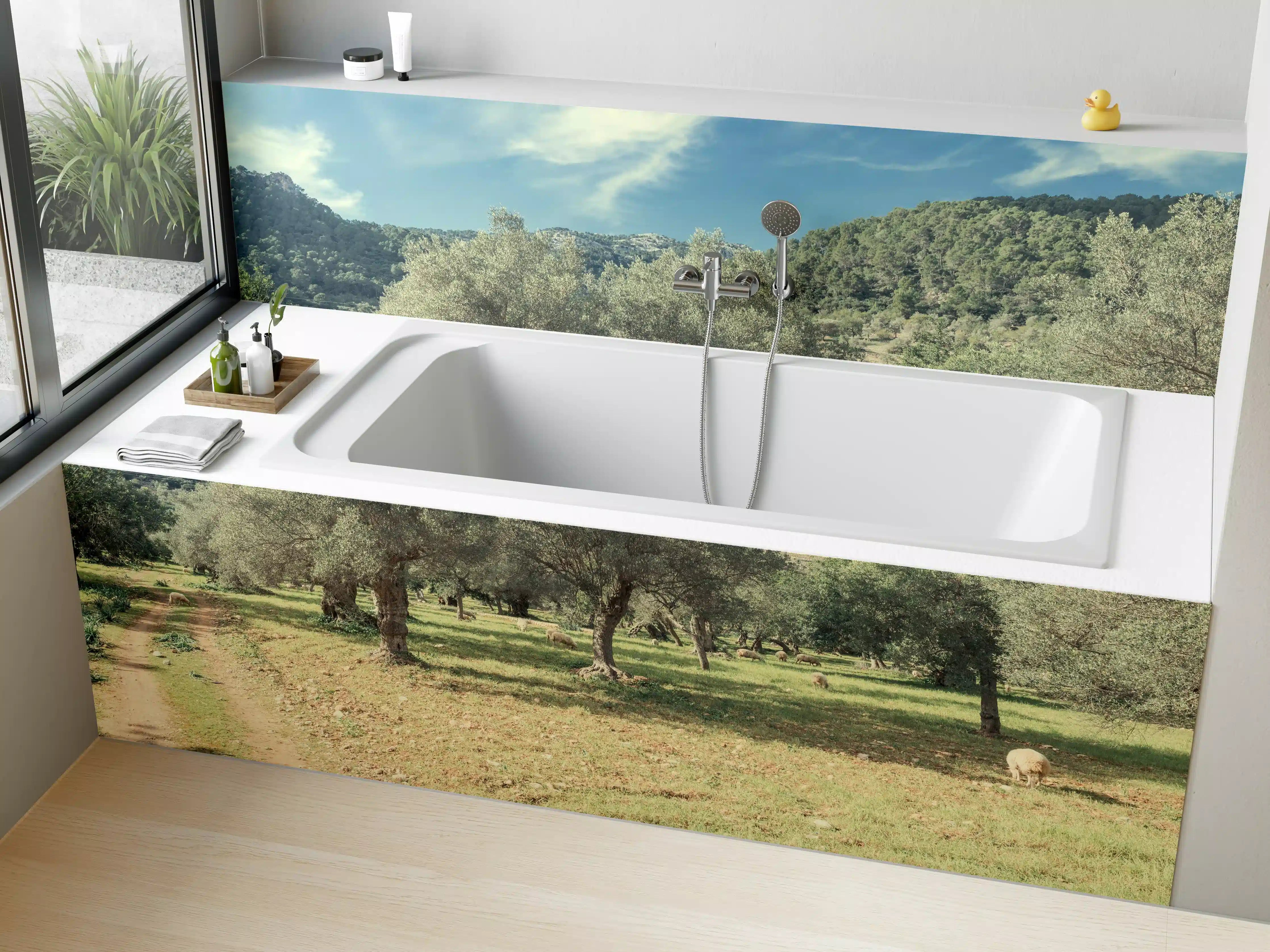Badewannen-Rückwand - Landschaft mit Olivenbäumen und Bergkulisse