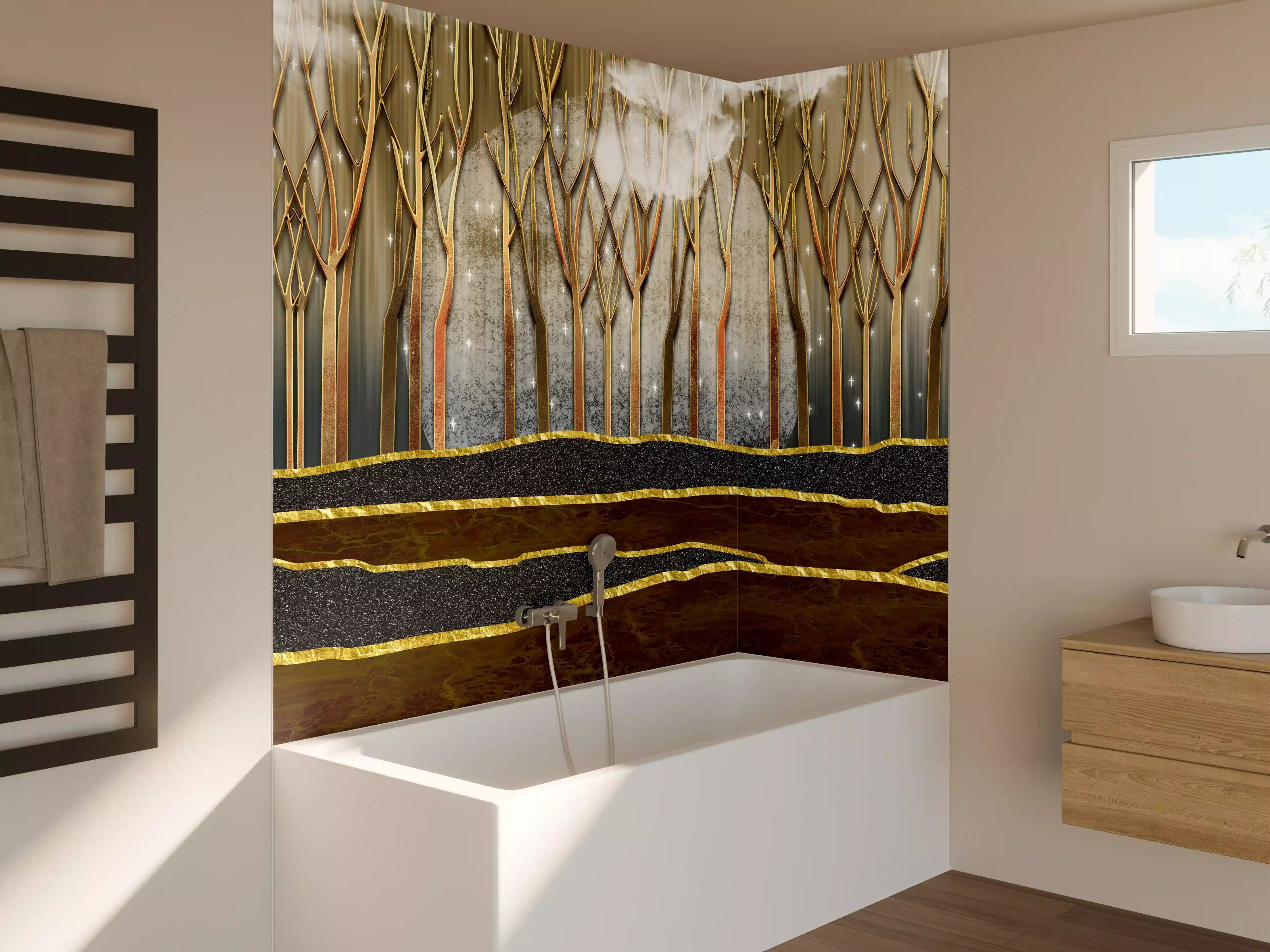 Badewannen-Rückwand - Landschafts Kunst- goldene Bäume