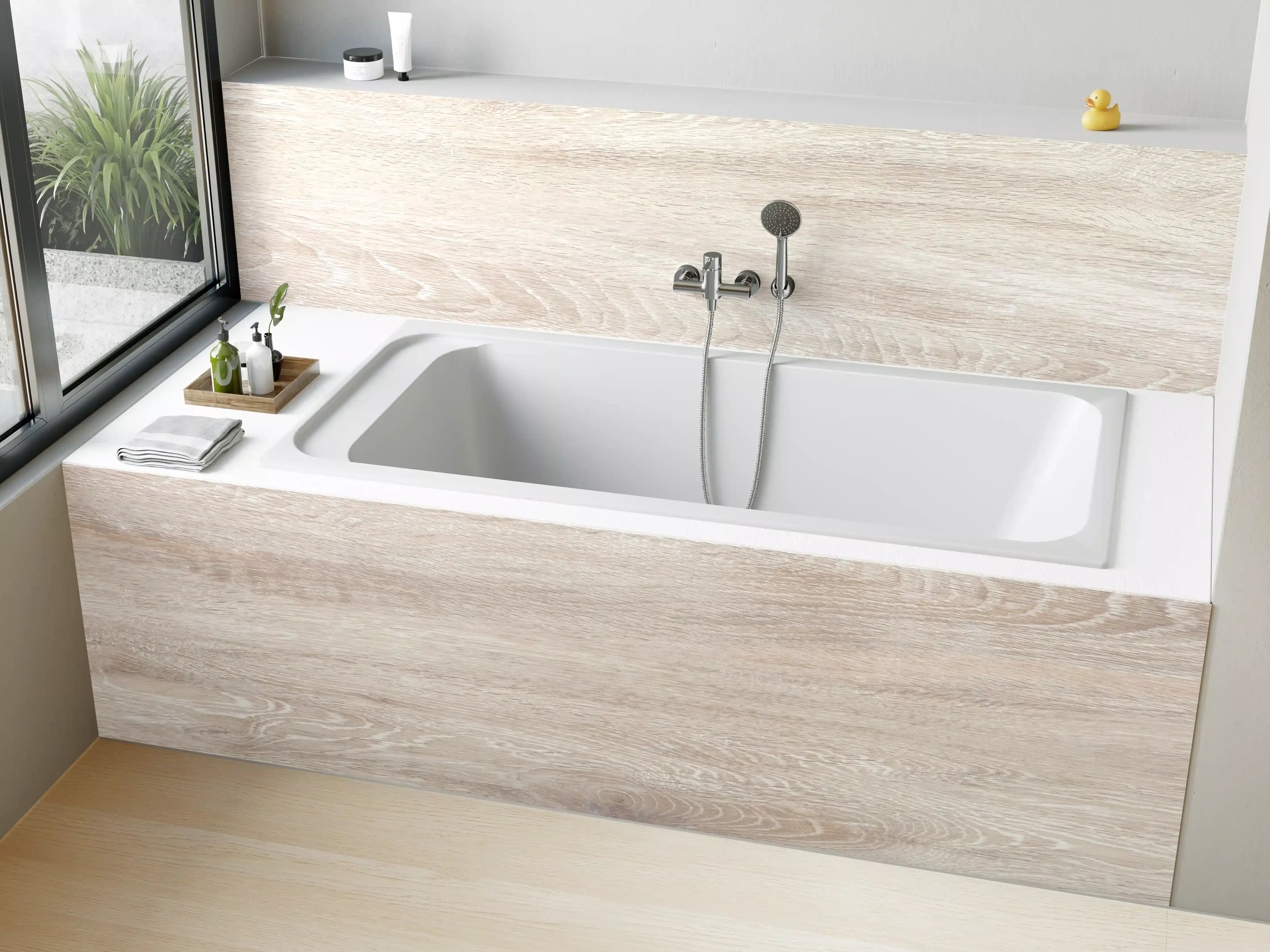 Badewannen-Rückwand - Lange beige Holzplatte