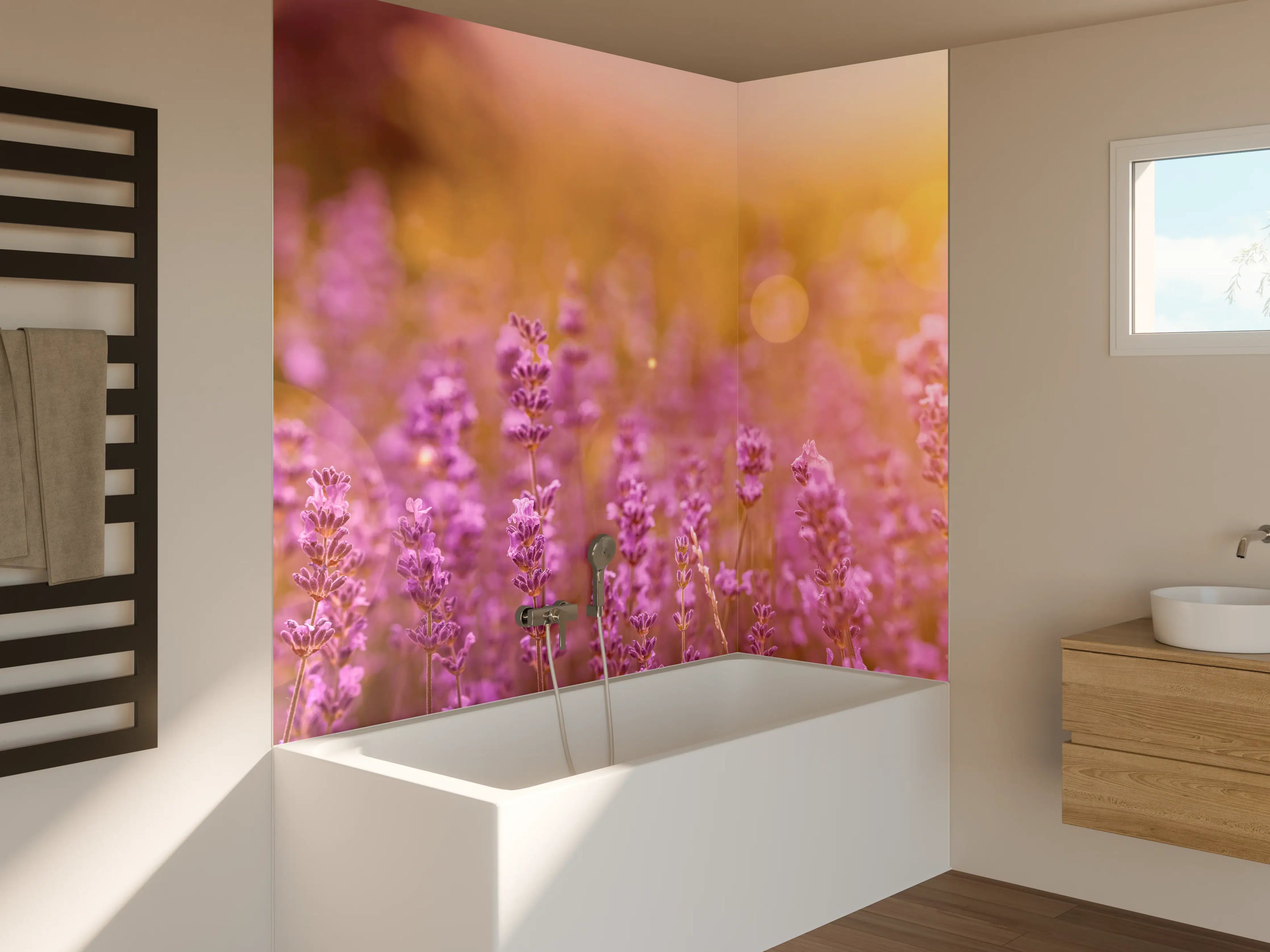 Badewannen-Rückwand - Lavendelfeld im warmen Abendlicht