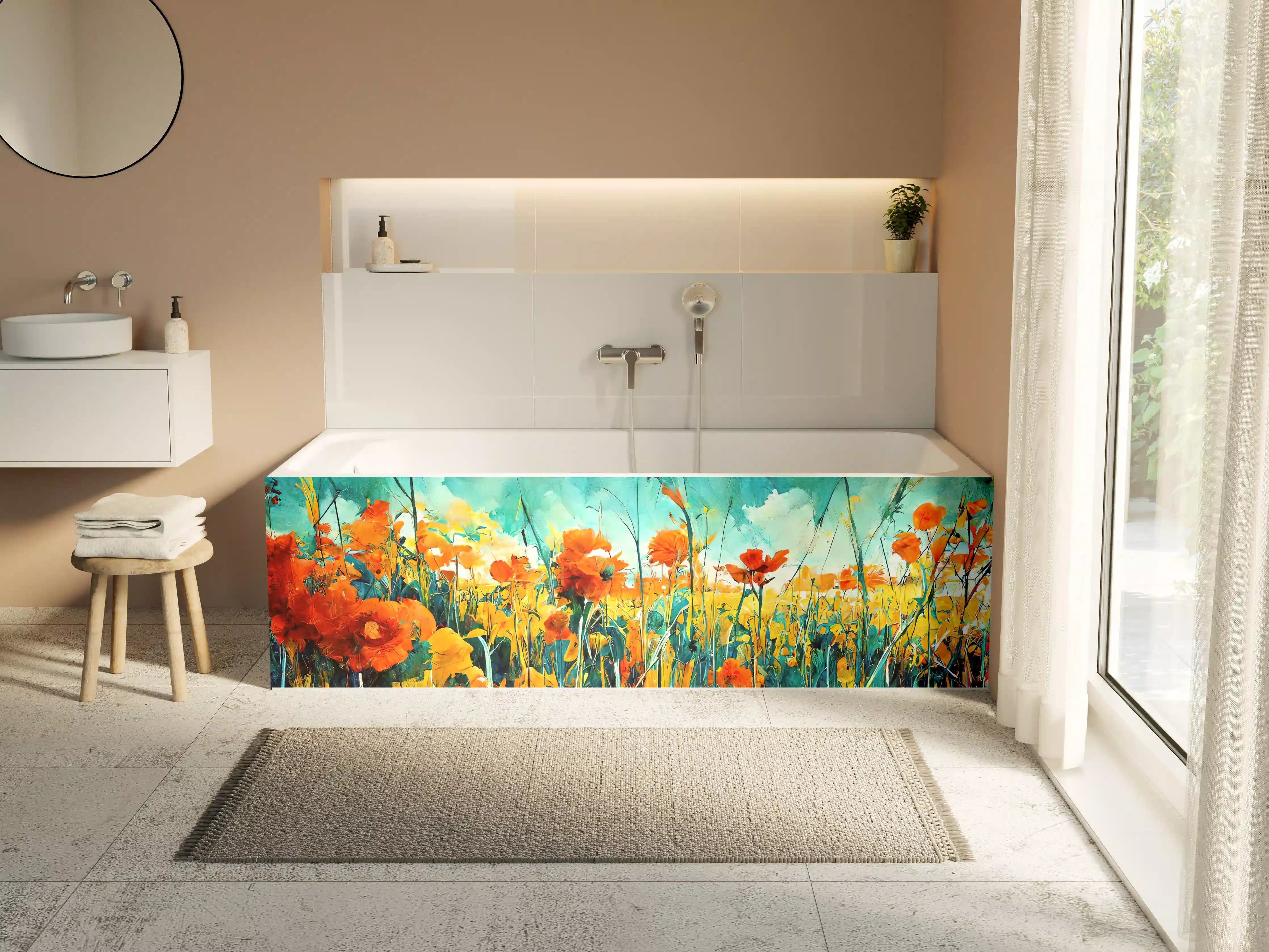 Badewannen-Rückwand - Lebendige Blumenwiese in Aquarelltechnik