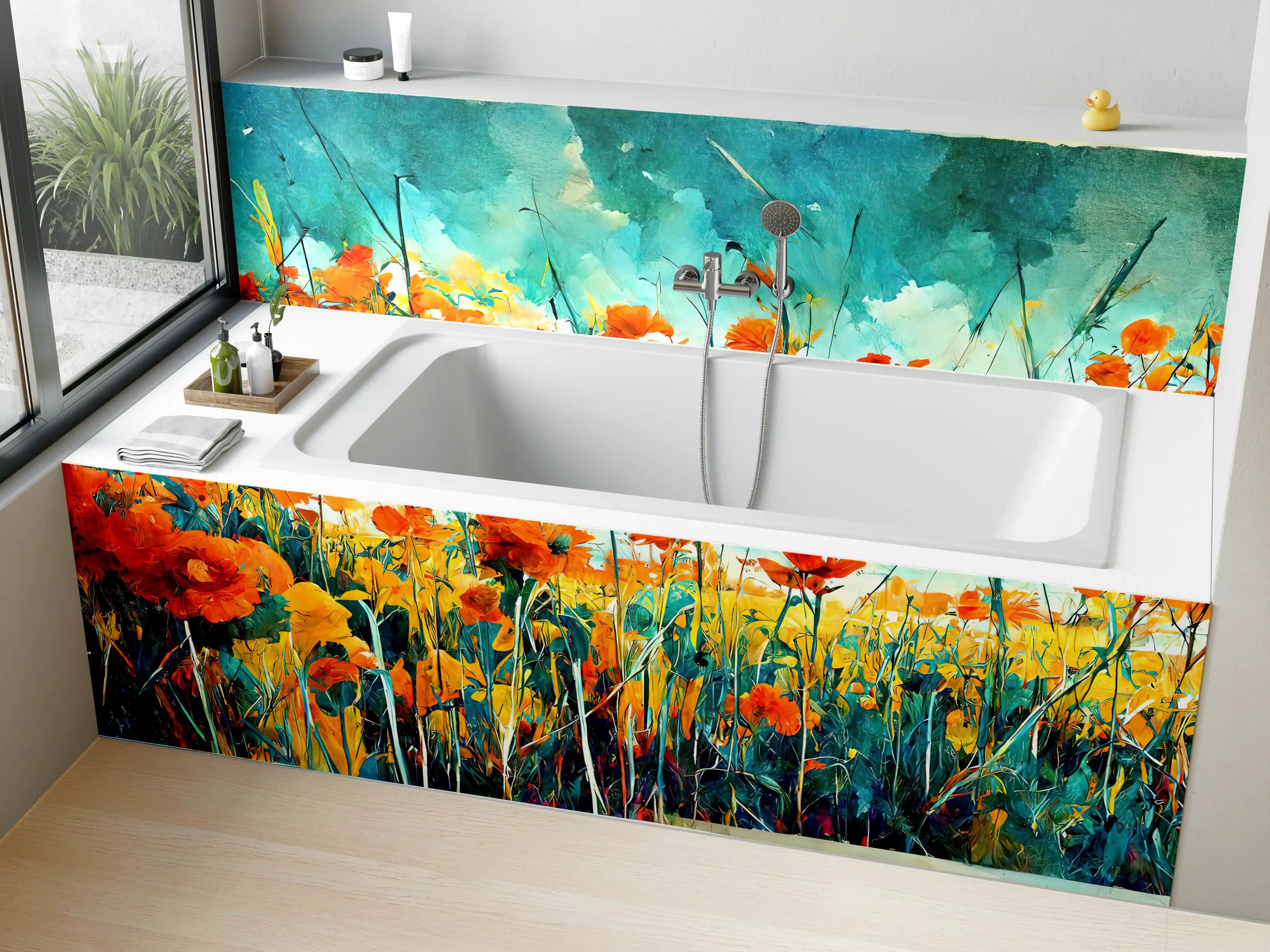 Badewannen-Rückwand - Lebendige Blumenwiese in Aquarelltechnik