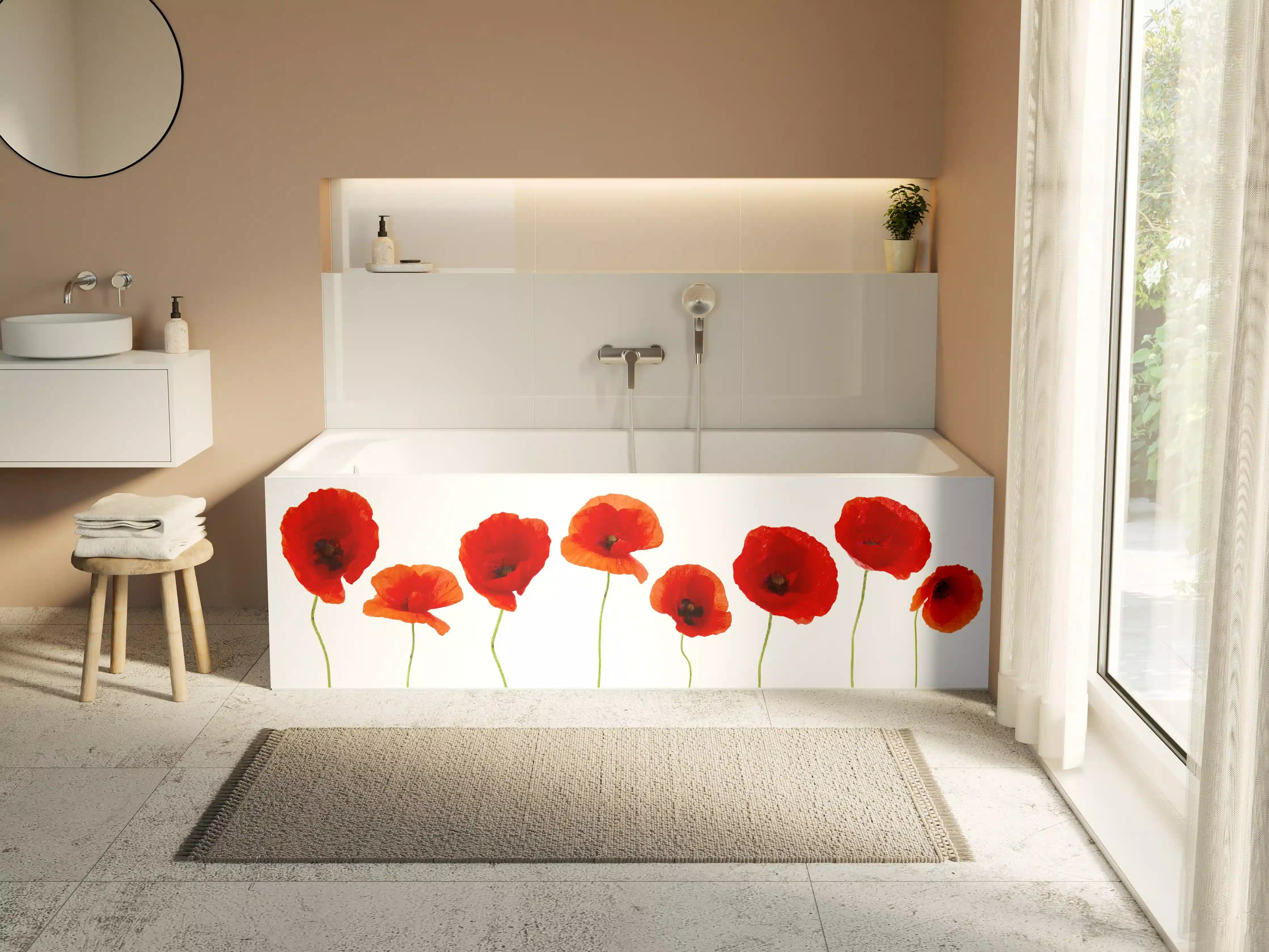 Badewannen-Rückwand - Lebendige Mohnblumen in Rot, Orange und Apricot