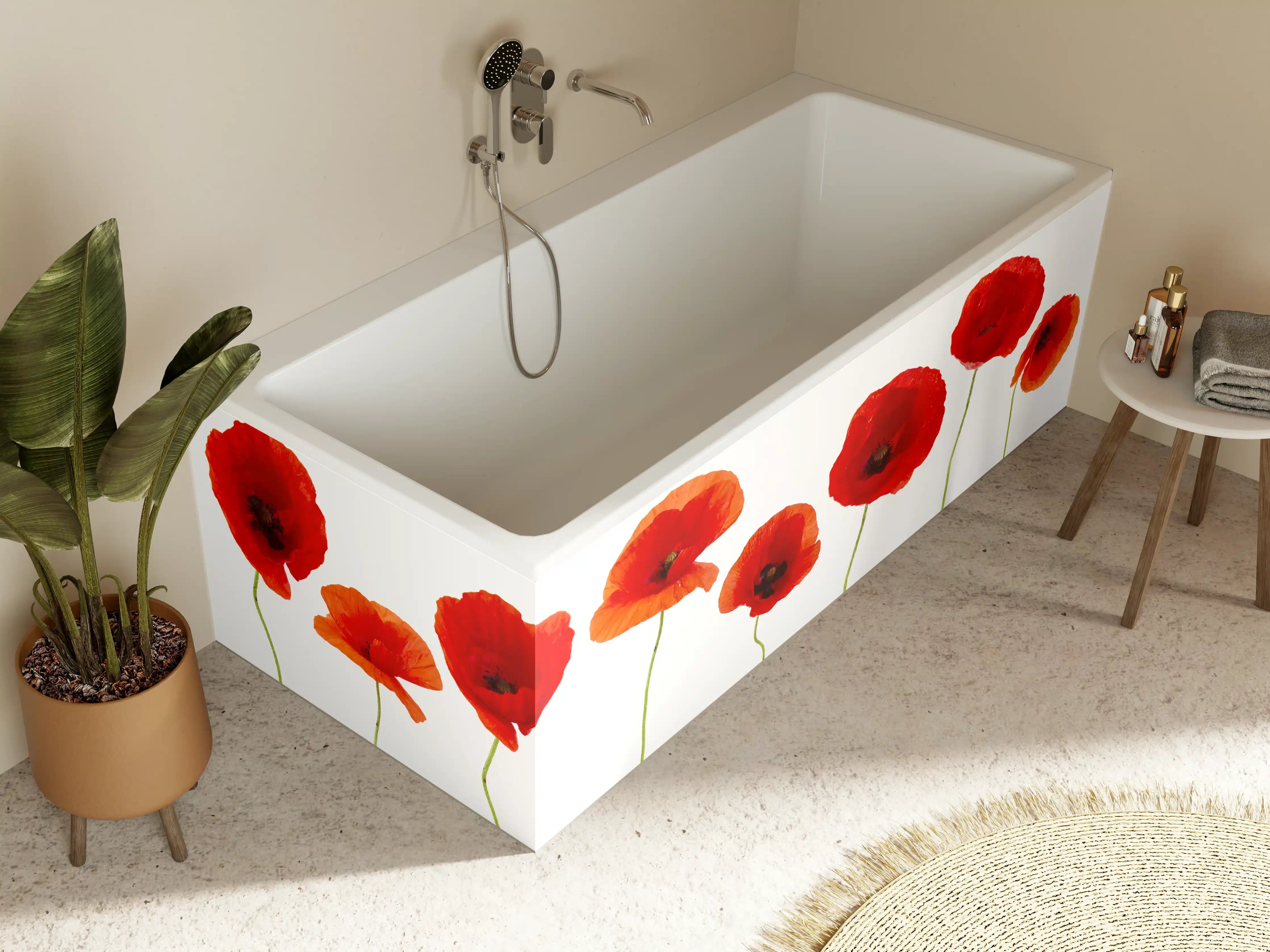 Badewannen-Rückwand - Lebendige Mohnblumen in Rot, Orange und Apricot