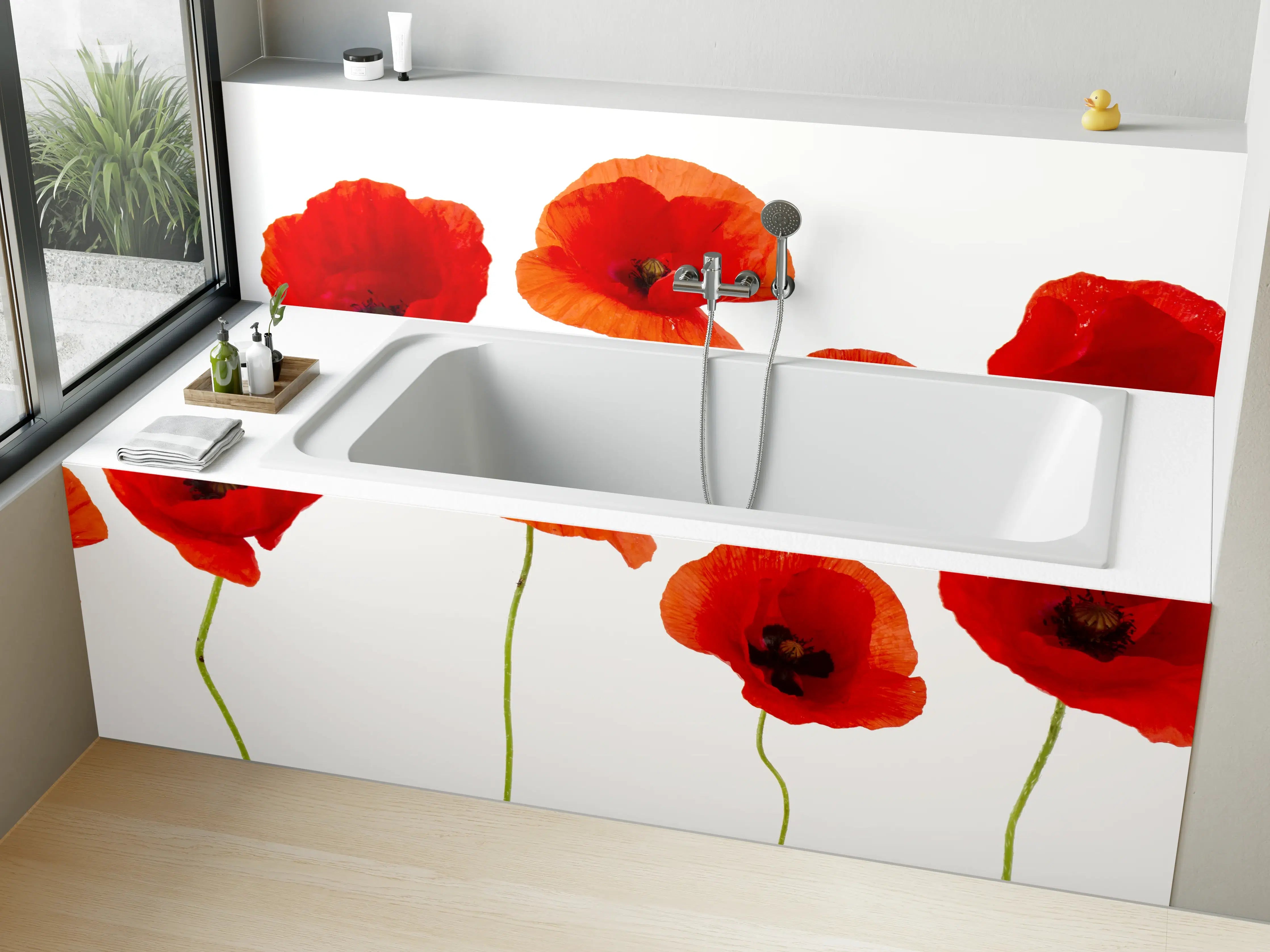 Badewannen-Rückwand - Lebendige Mohnblumen in Rot, Orange und Apricot