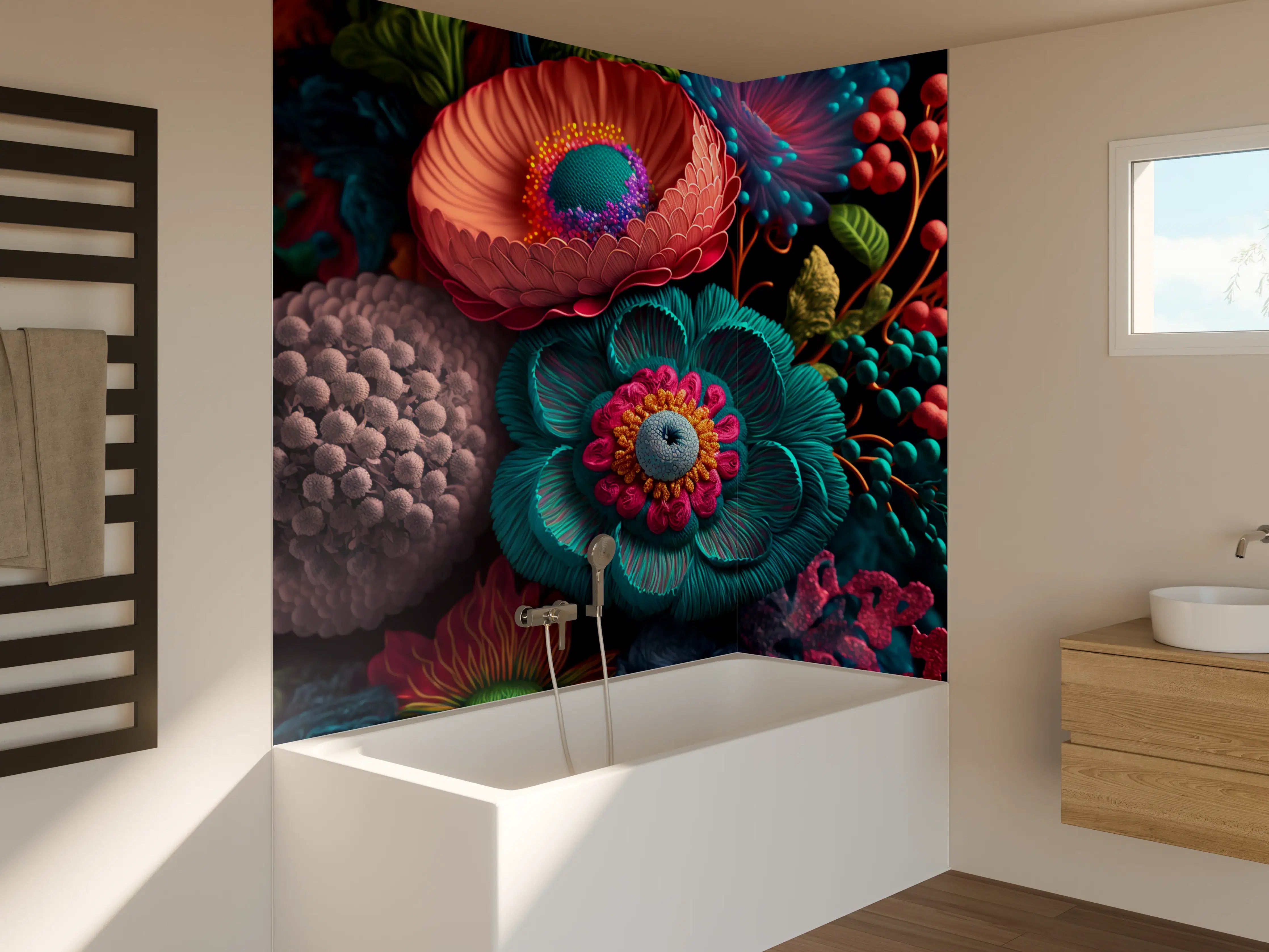 Badewannen-Rückwand - Lebendige, bunte Blumenwelt mit leuchtenden Details