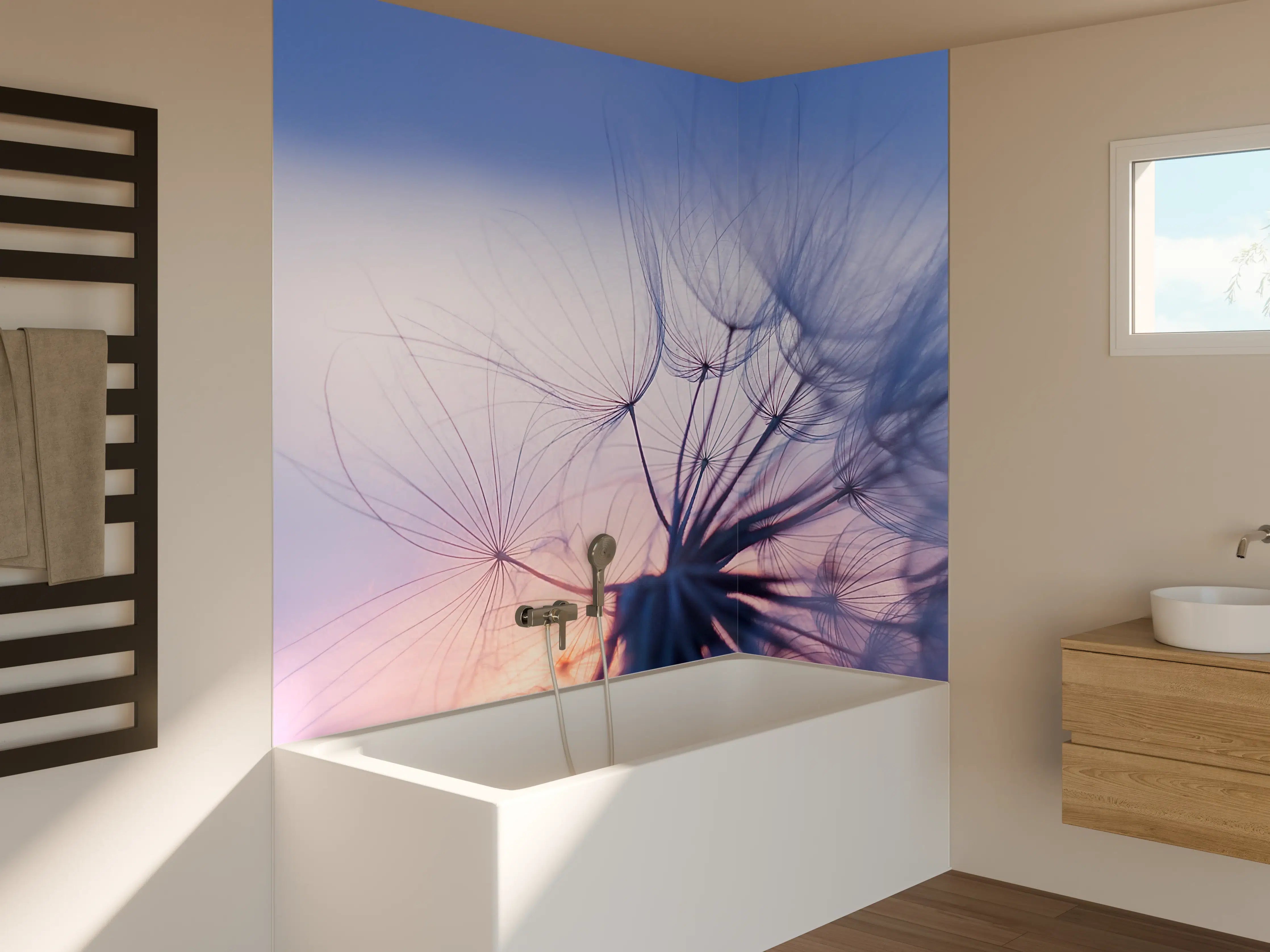 Badewannen-Rückwand - Leichte Pusteblume vor Pastellhimmel