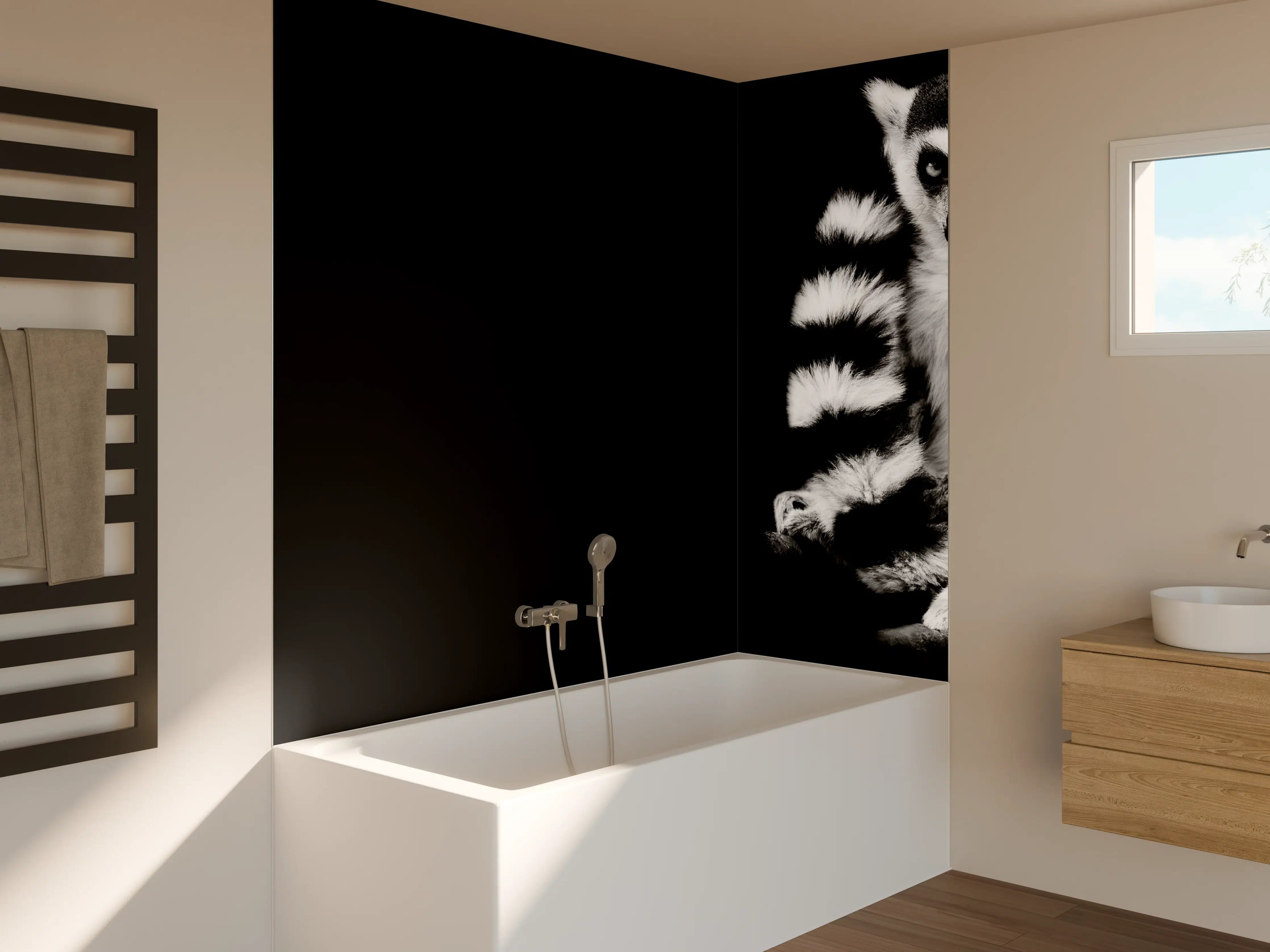 Badewannen-Rückwand - Lemur auf schwarzem Hintergrund