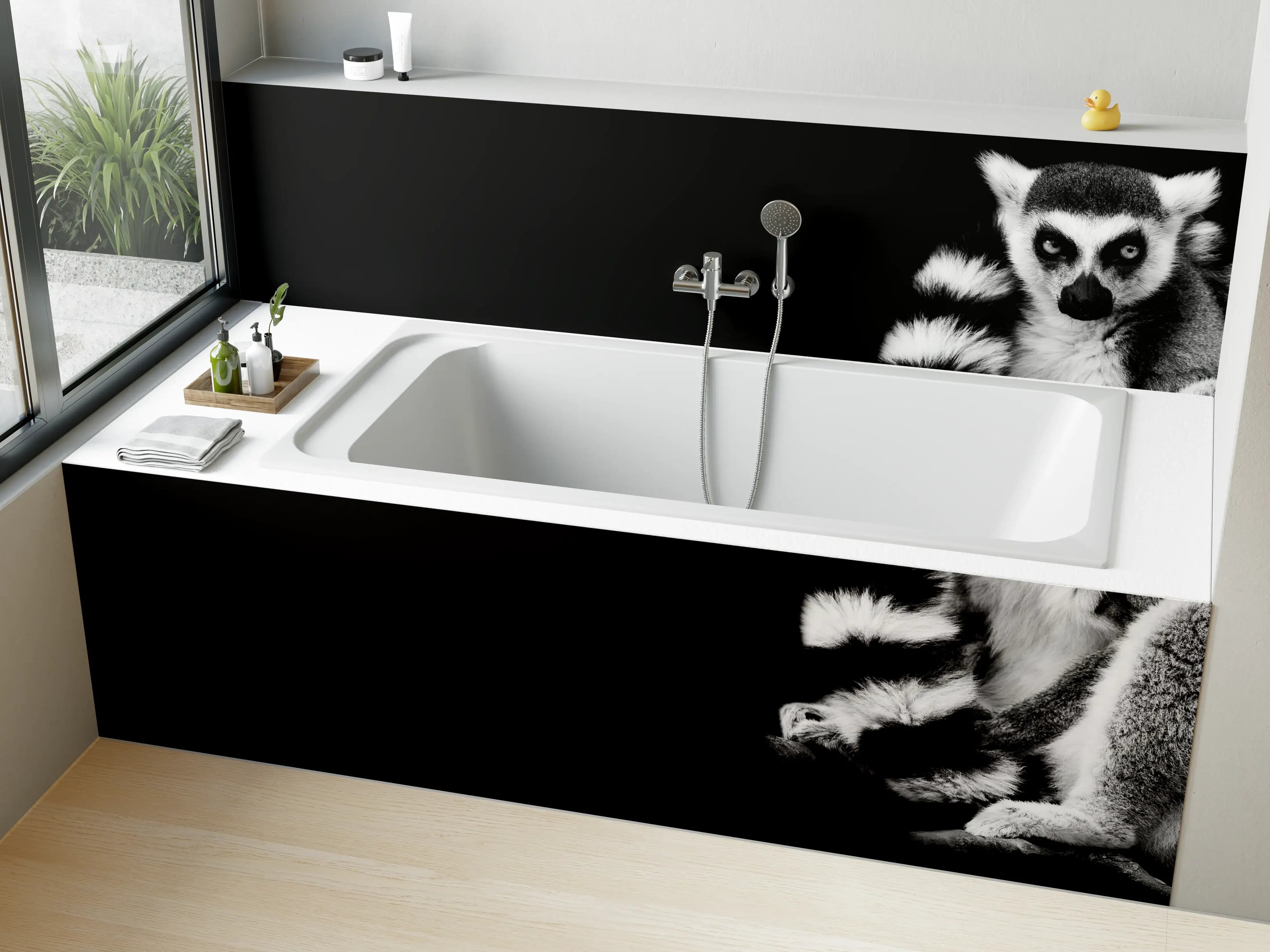 Badewannen-Rückwand - Lemur auf schwarzem Hintergrund