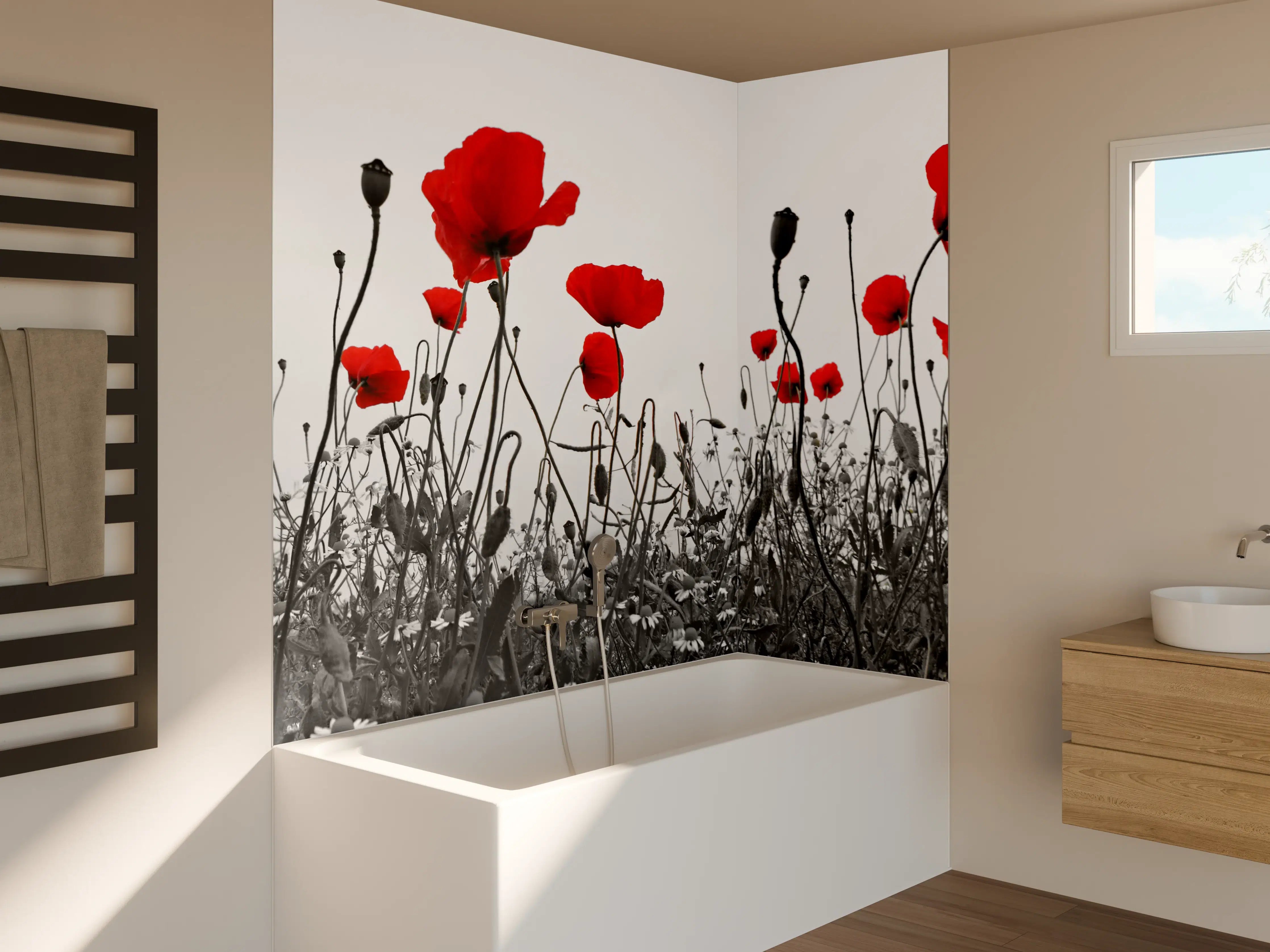 Badewannen-Rückwand - Leuchtend rote Mohnblumen im Schwarz-Weiß-Hintergrund