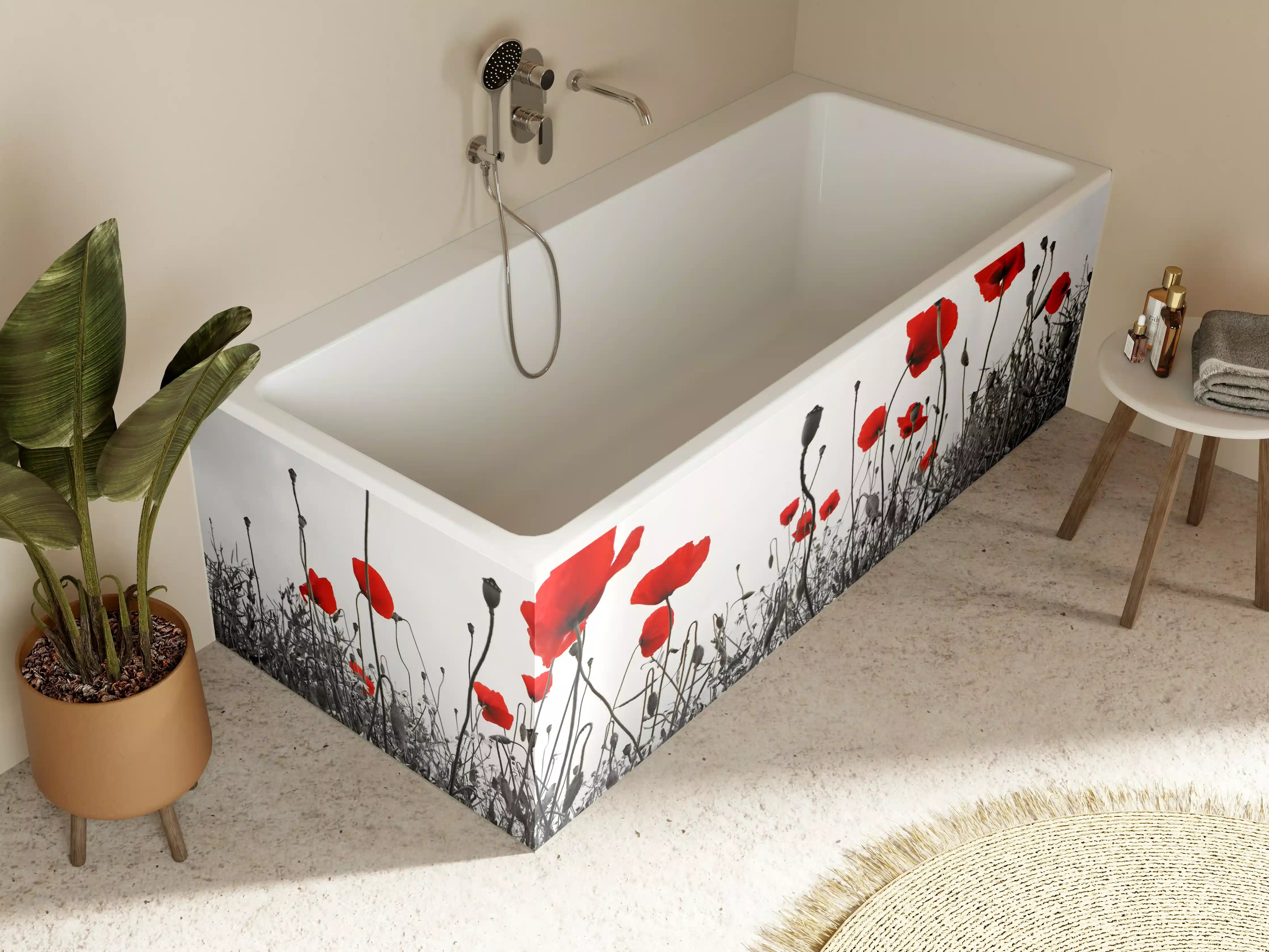 Badewannen-Rückwand - Leuchtend rote Mohnblumen im Schwarz-Weiß-Hintergrund