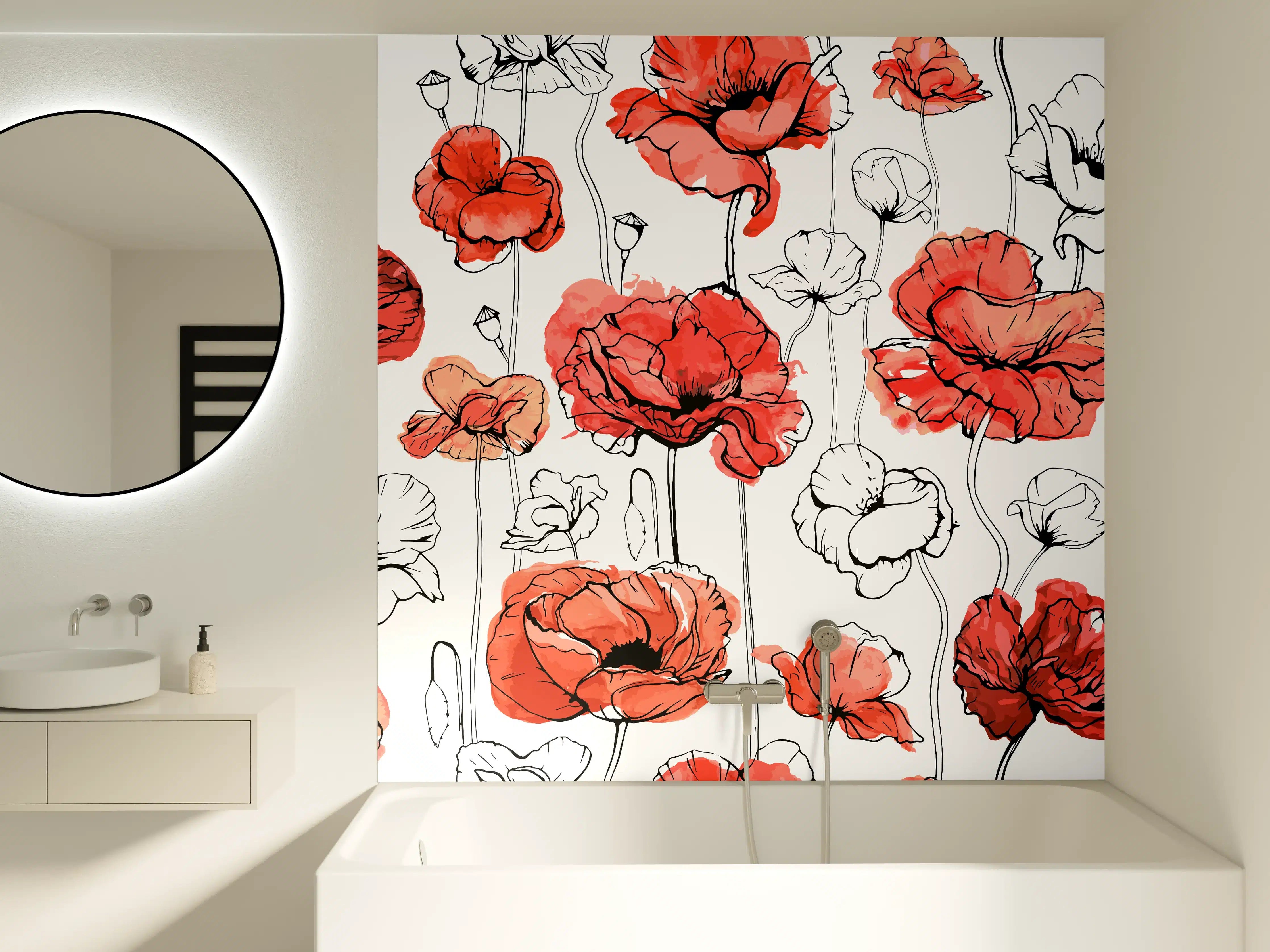 Badewannen-Rückwand - Leuchtende Mohnblumen in Rot und Weiß