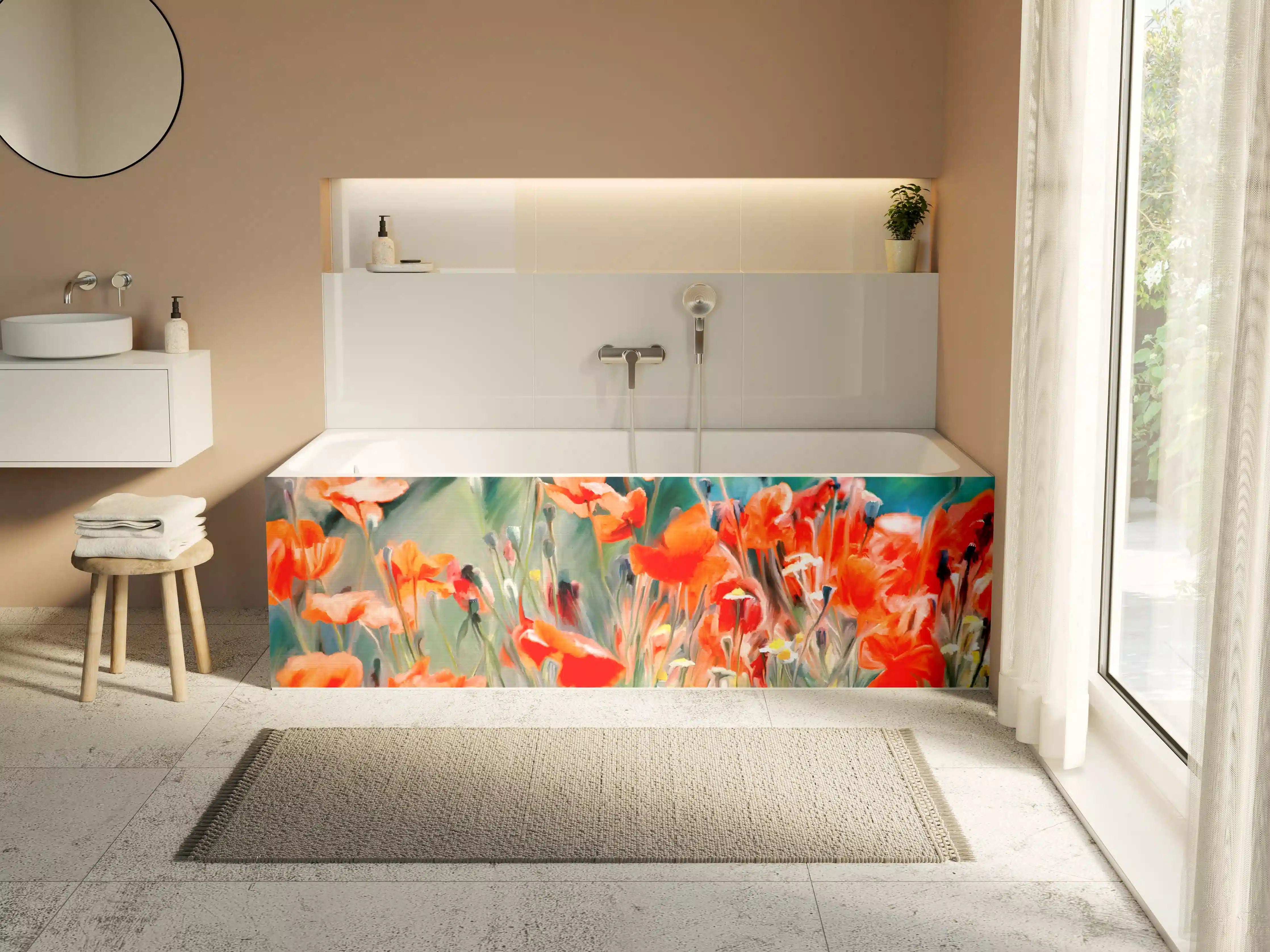 Badewannen-Rückwand - Leuchtende Mohnblumenwiese im Impressionstil