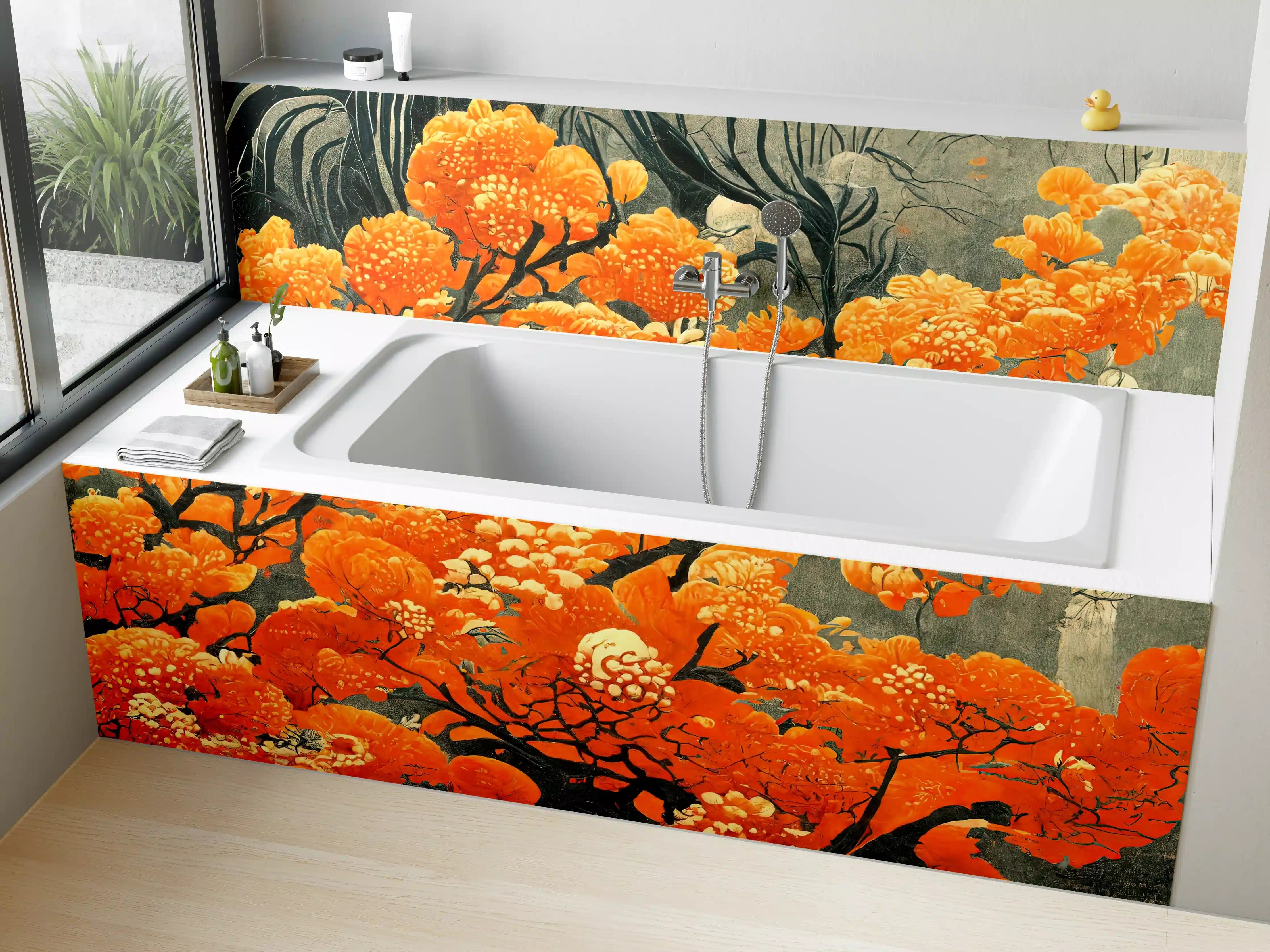 Badewannen-Rückwand - Leuchtende orange Blüten im Kunststil