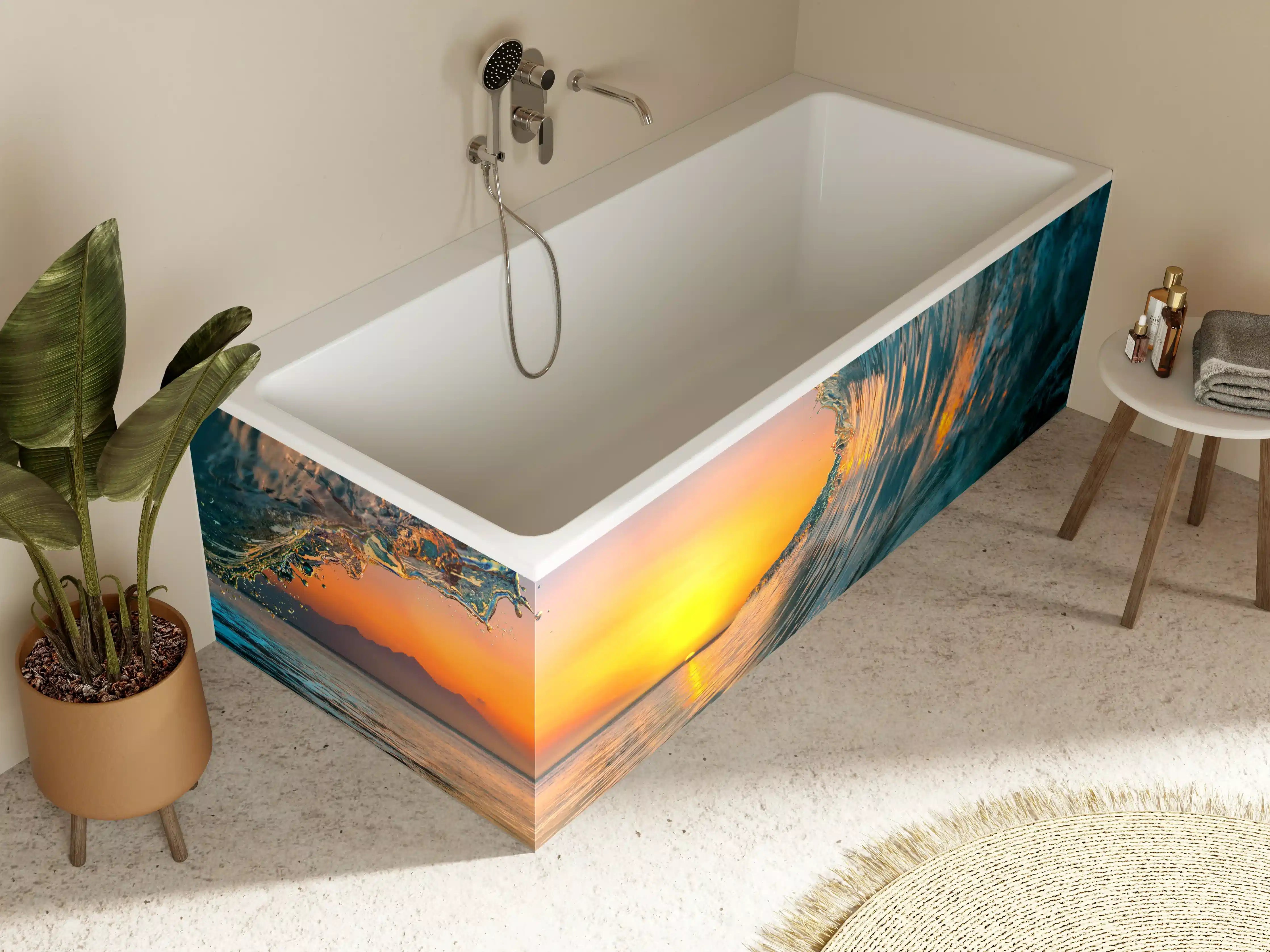 Badewannen-Rückwand - Leuchtender Sonnenuntergang durch Meereswelle
