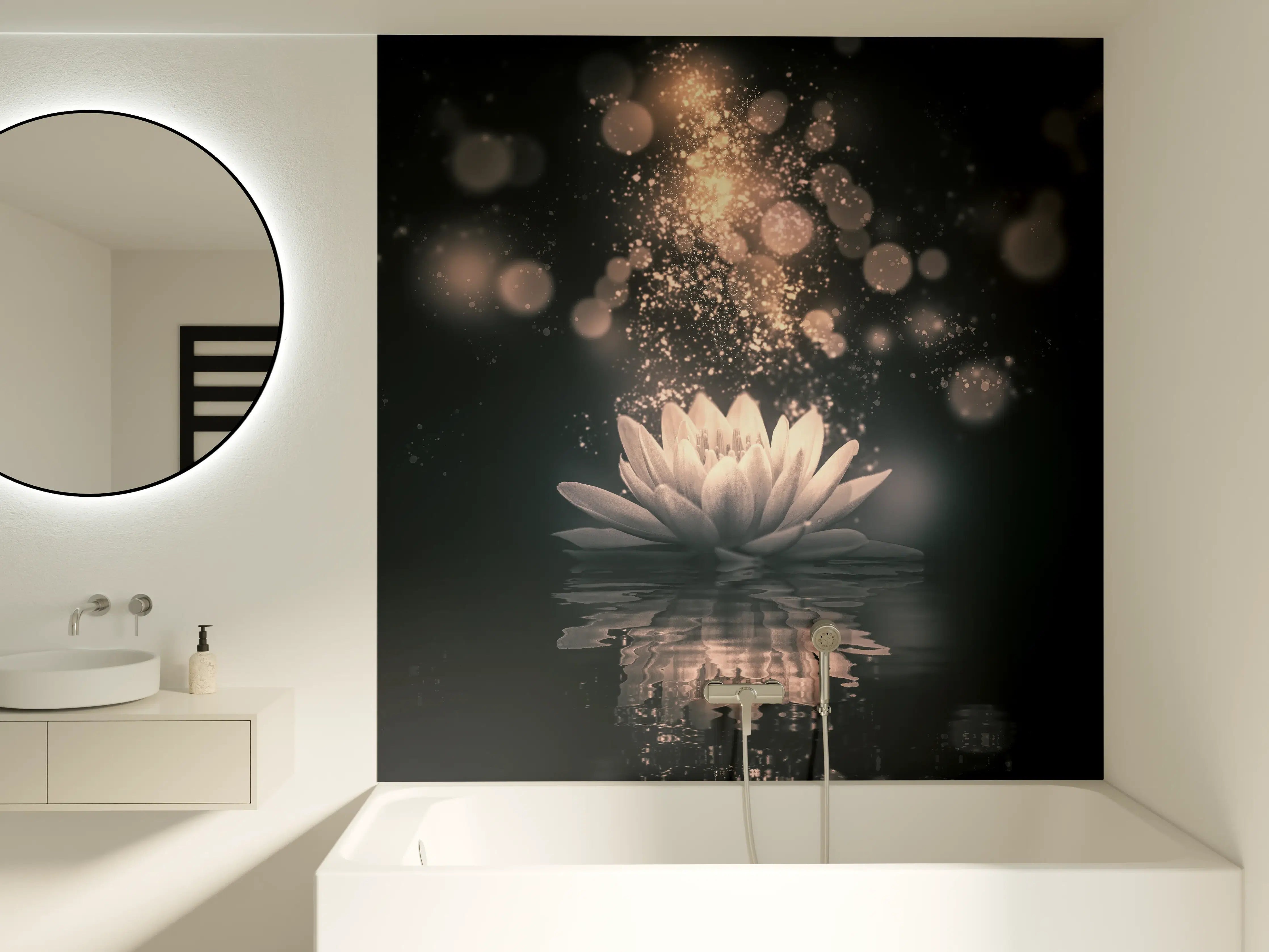 Badewannen-Rückwand - Leuchtender Wasserlilie im dunklen Wasser