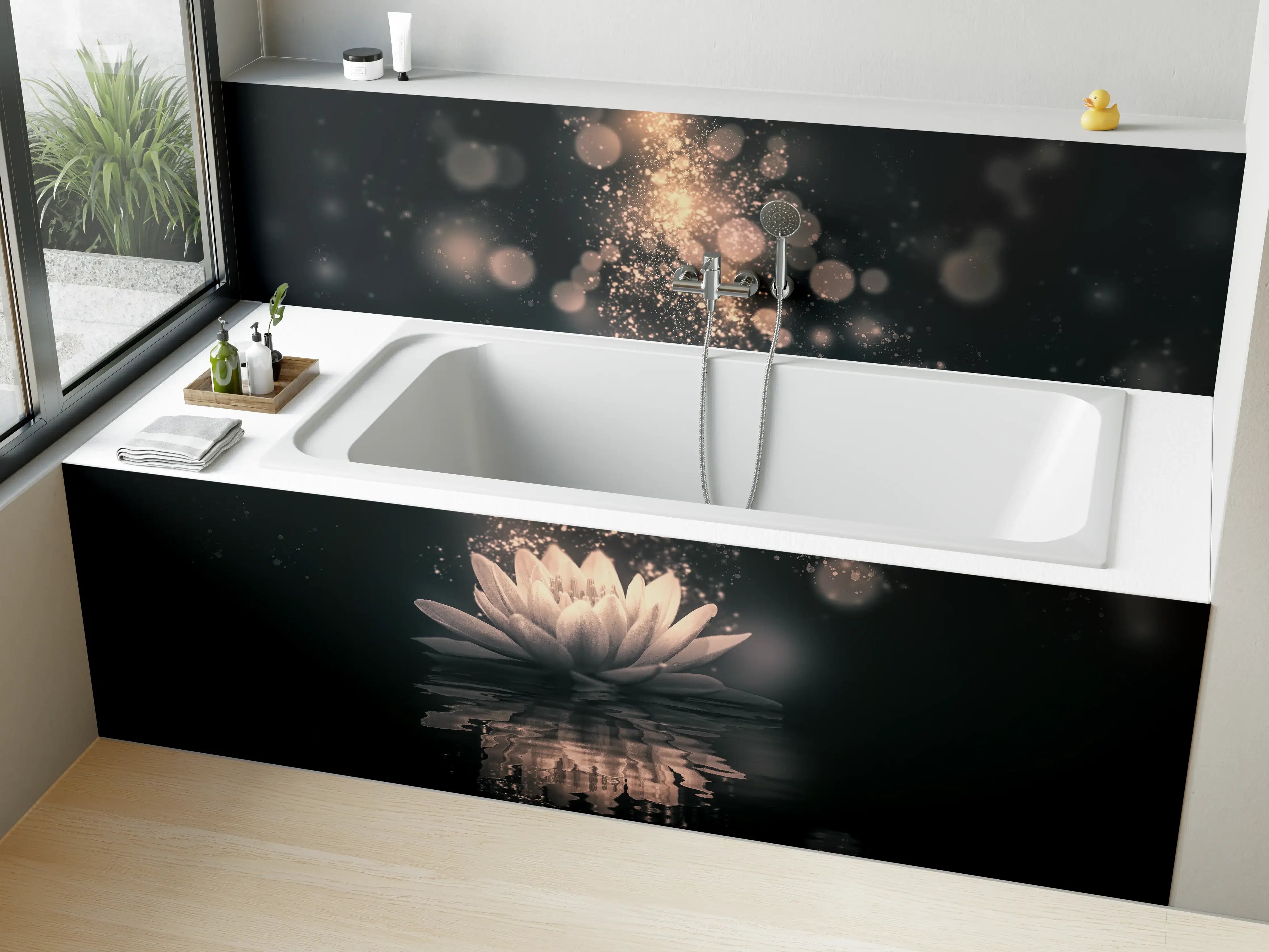 Badewannen-Rückwand - Leuchtender Wasserlilie im dunklen Wasser