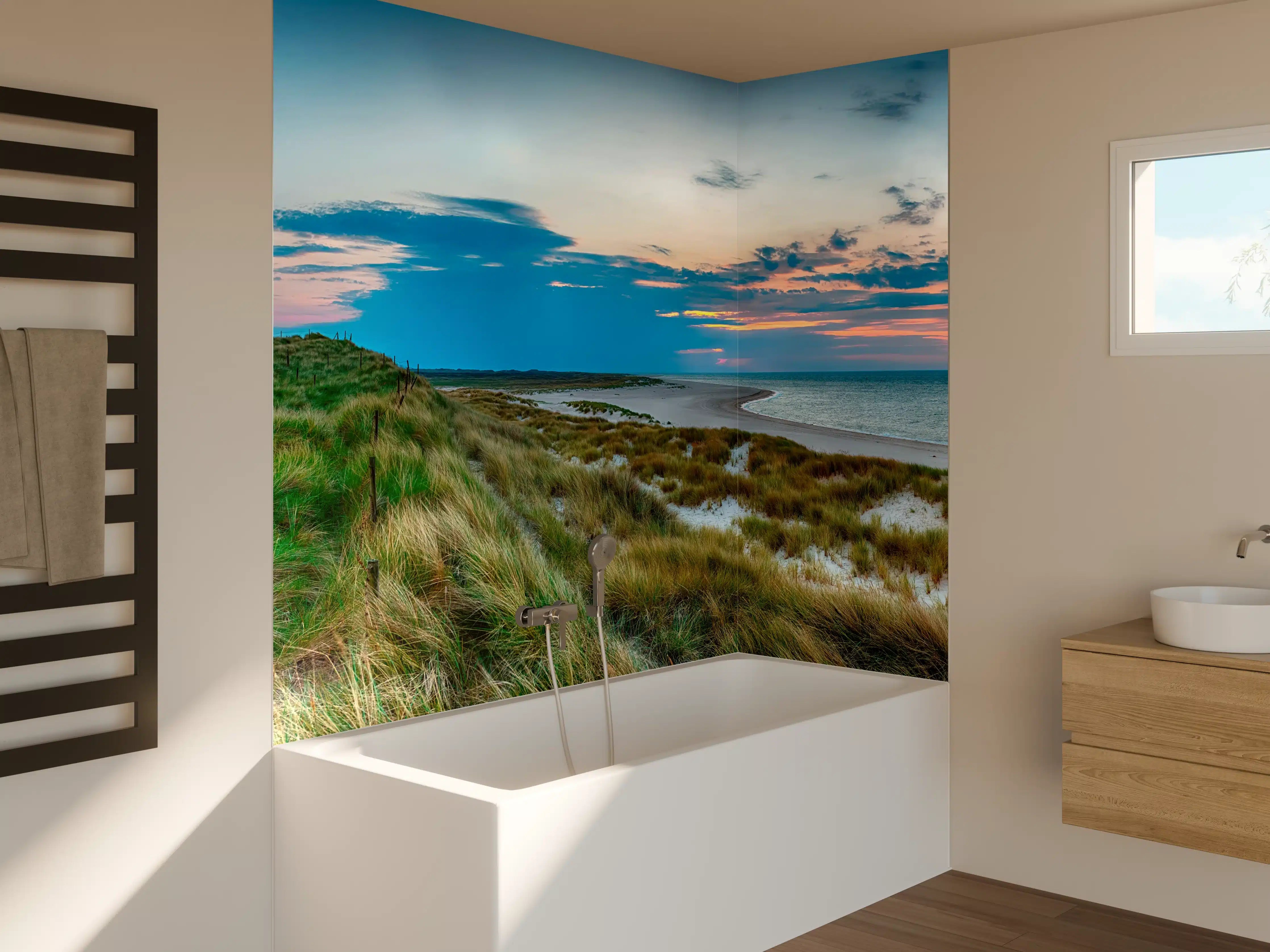 Badewannen-Rückwand - Leuchtturm am Strand bei Sonnenuntergang