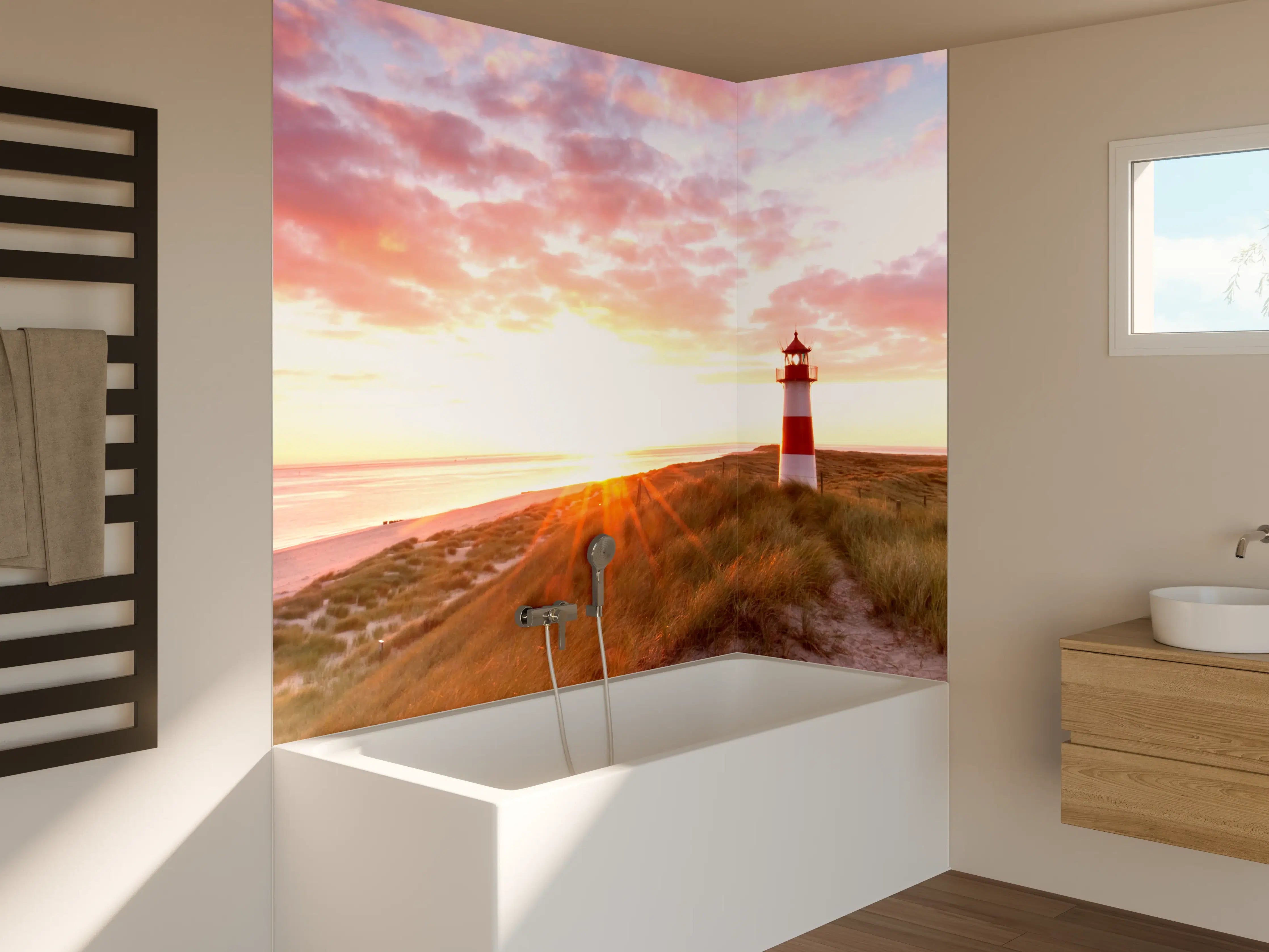 Badewannen-Rückwand - Leuchtturm bei Sonnenaufgang am Meer