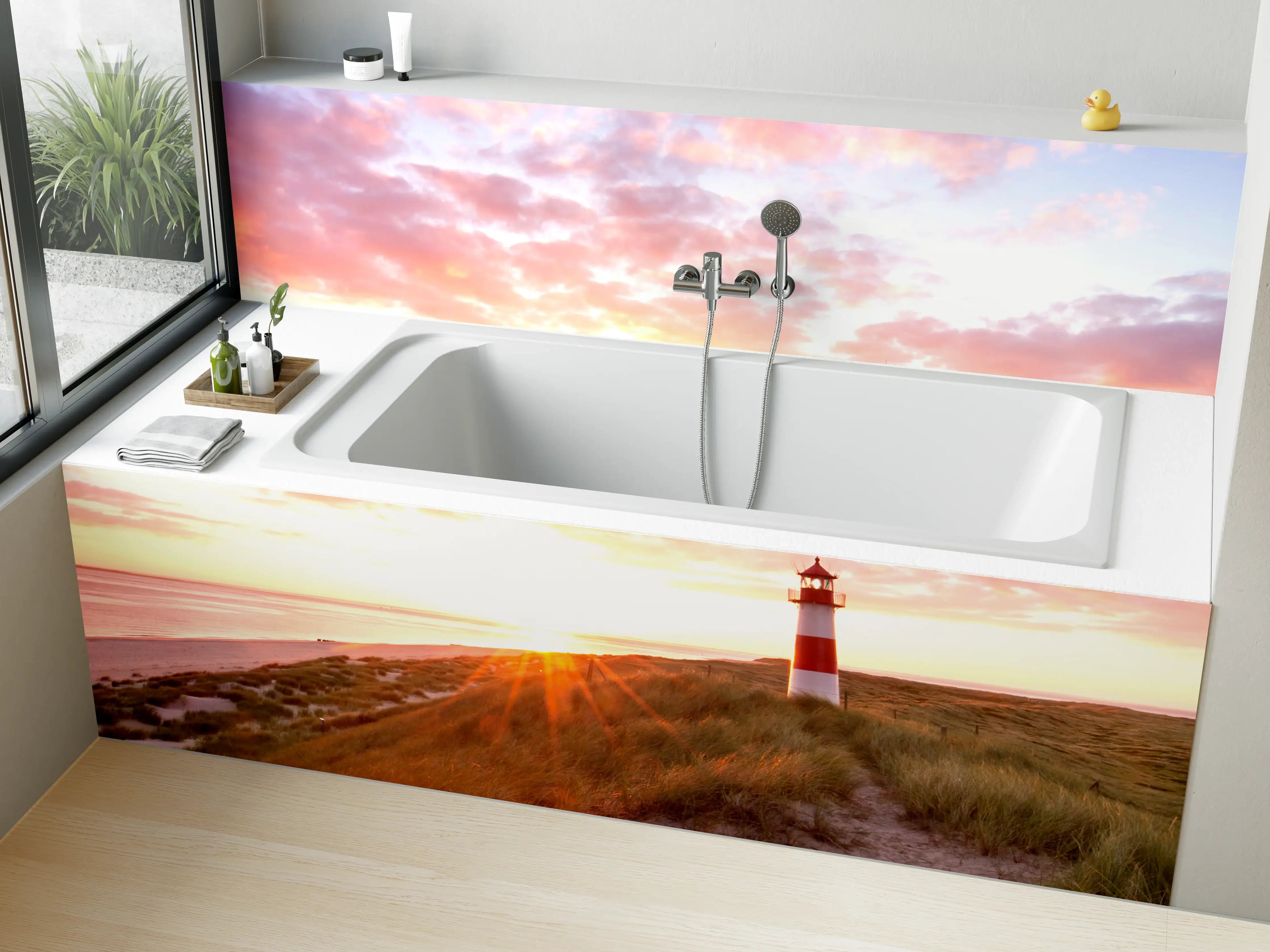 Badewannen-Rückwand - Leuchtturm bei Sonnenaufgang am Meer