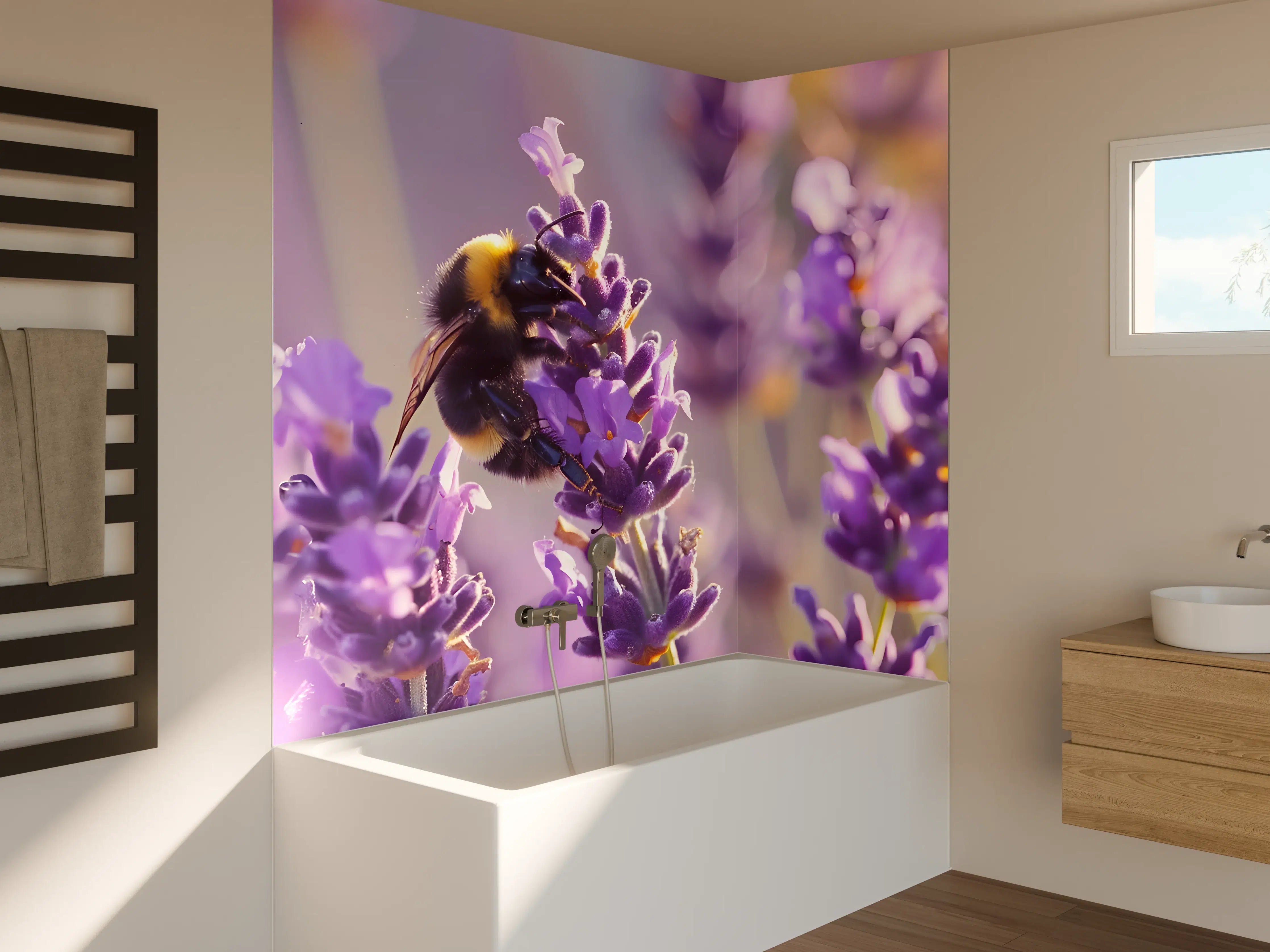 Badewannen-Rückwand - Lila Lavendel mit Hummel