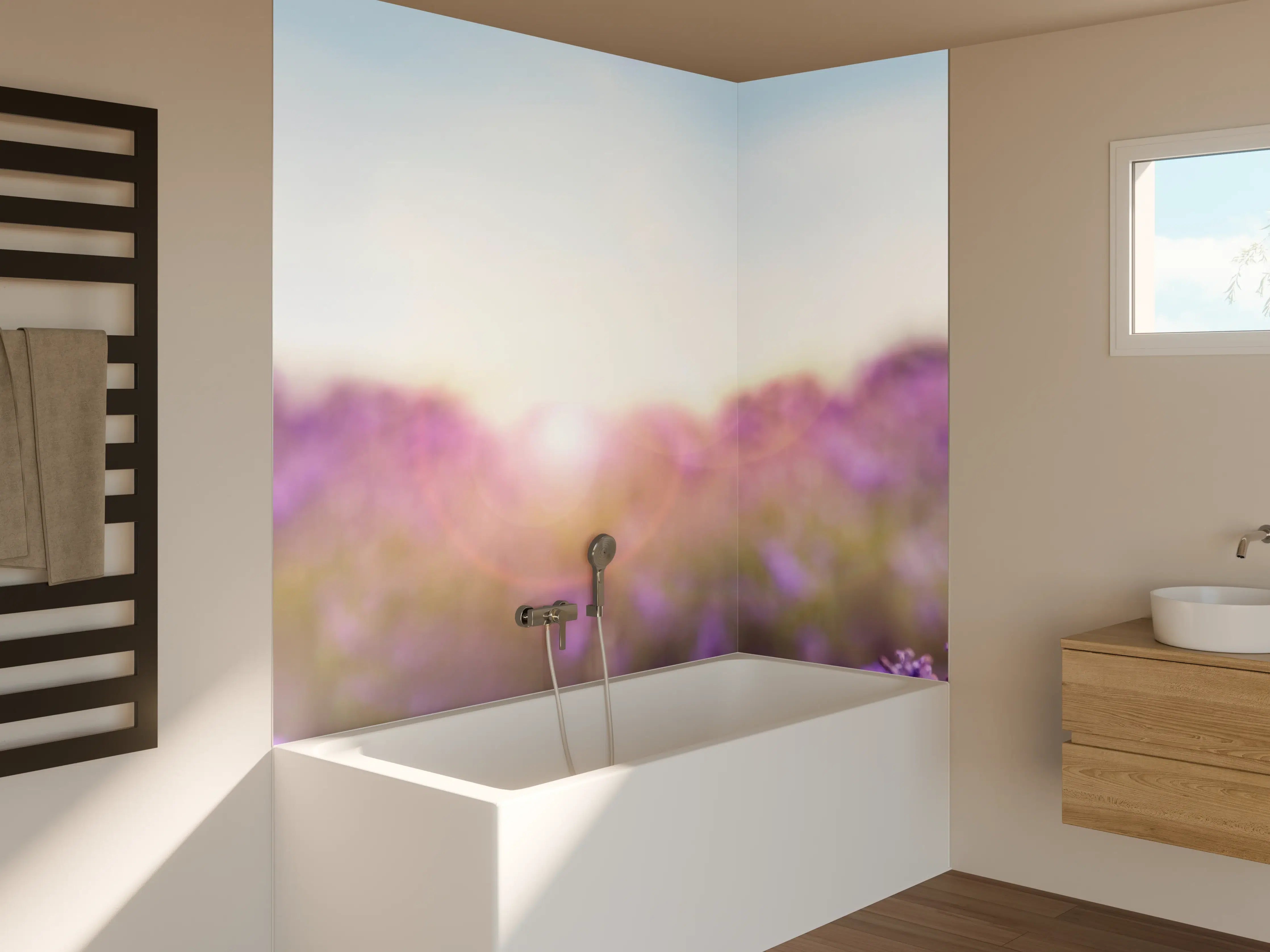 Badewannen-Rückwand - Lila Lavendelfeld im Morgenlicht
