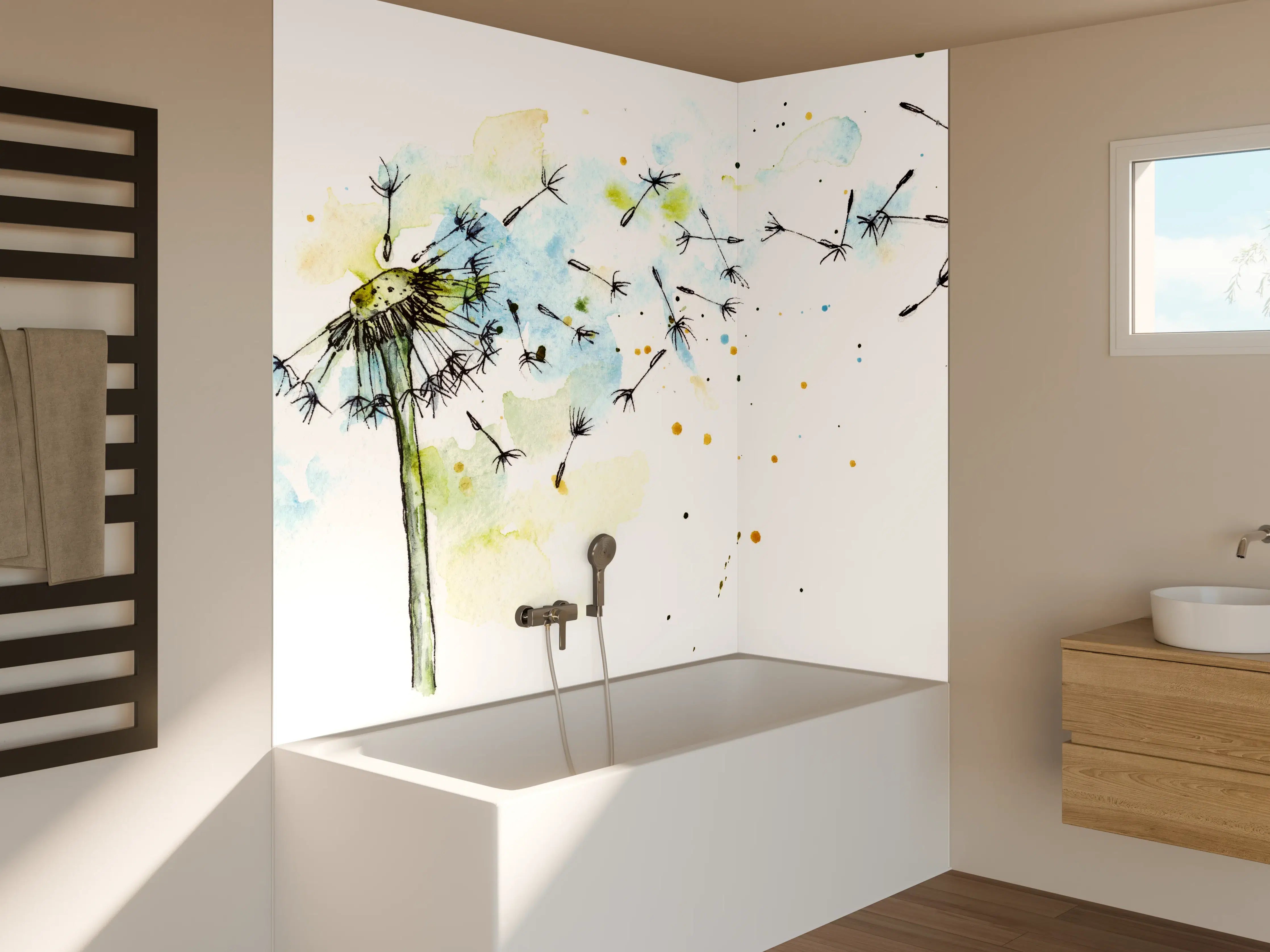 Badewannen-Rückwand - Löwenzahn Aquarell