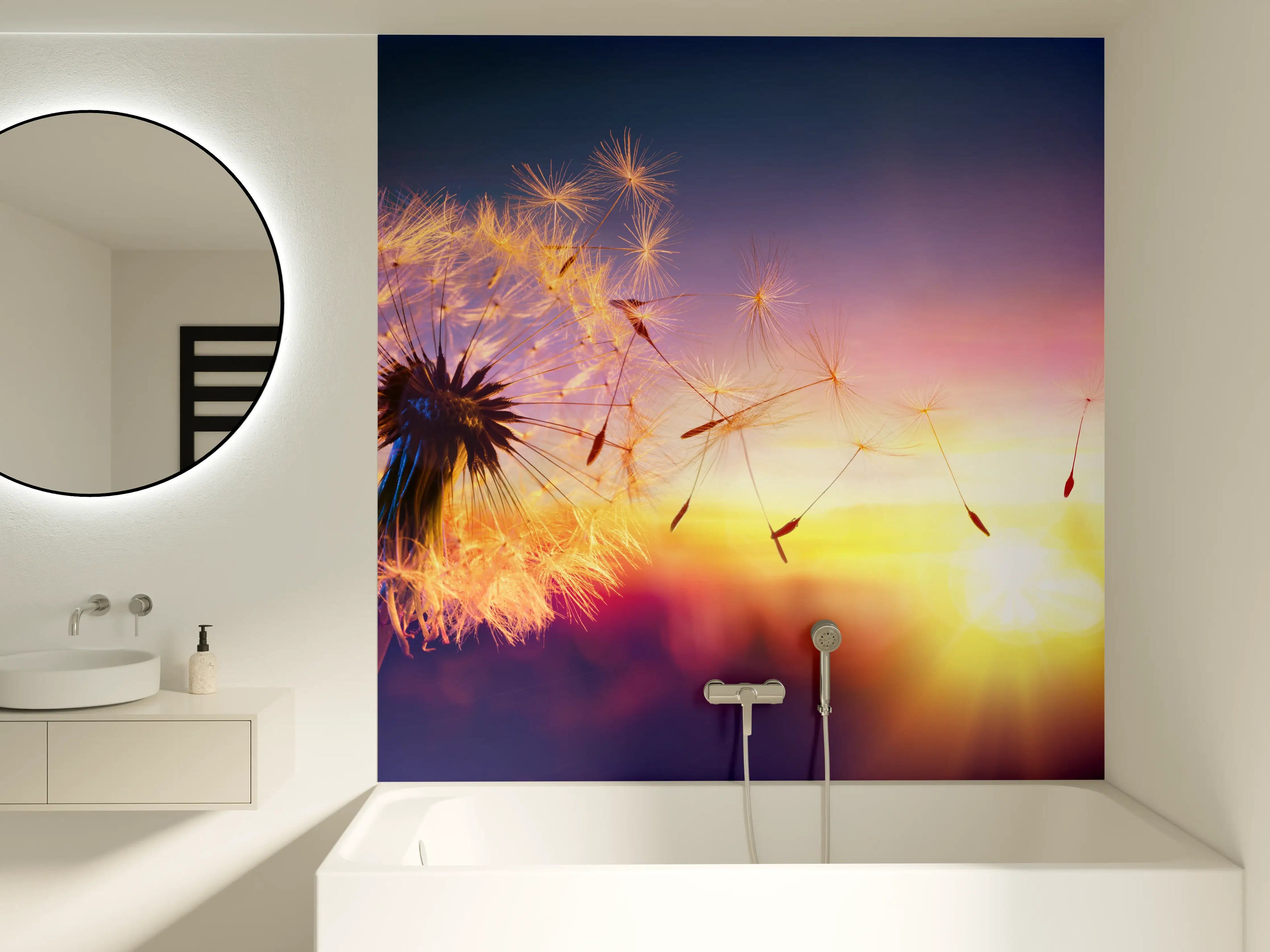 Badewannen-Rückwand - Löwenzahn im Wind bei Sonnenuntergang