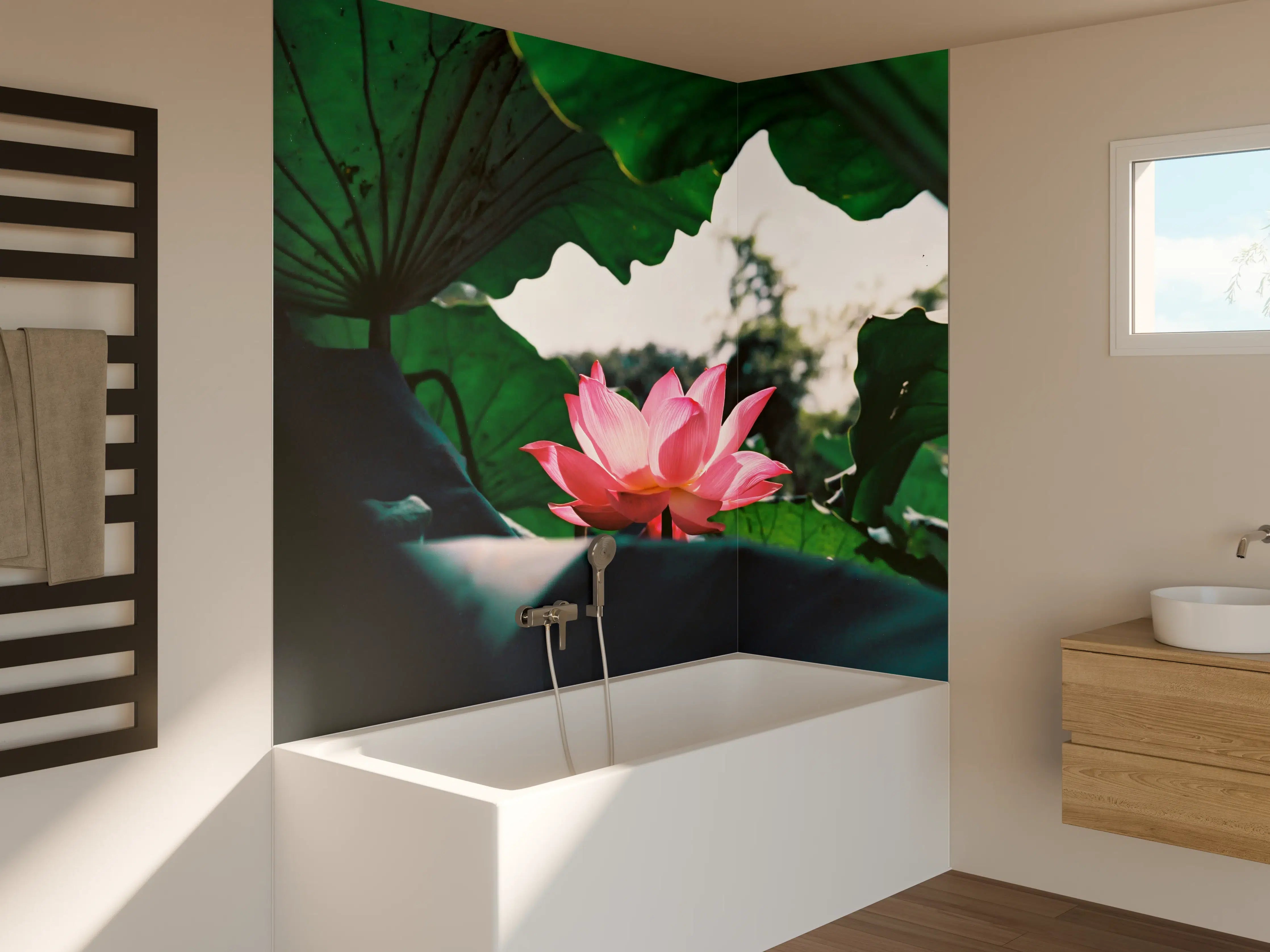 Badewannen-Rückwand - Lotosblume inmitten von Blättern