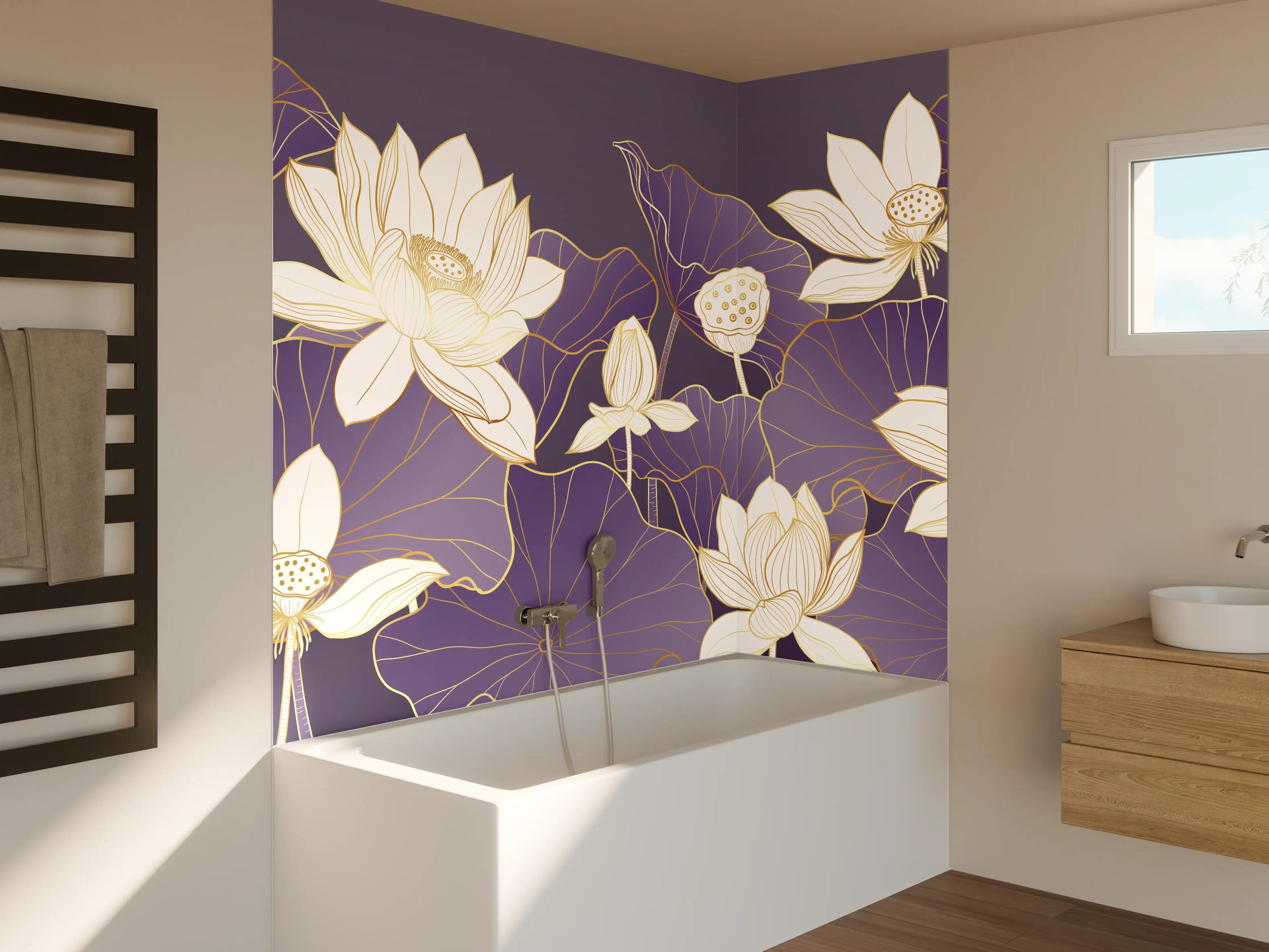 Badewannen-Rückwand - Lotosblumen in zarten Weiß- und Fliedertönen