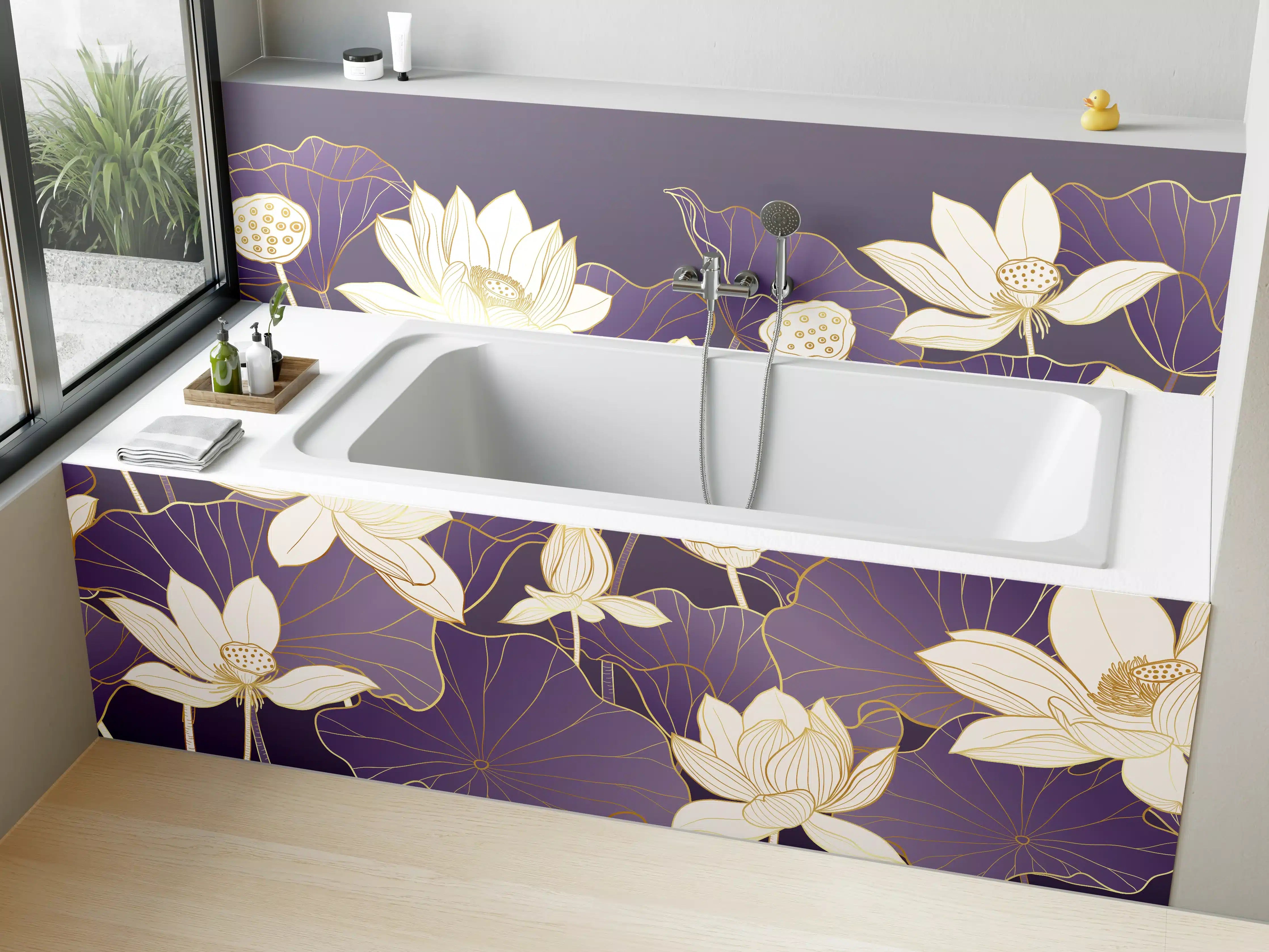 Badewannen-Rückwand - Lotosblumen in zarten Weiß- und Fliedertönen