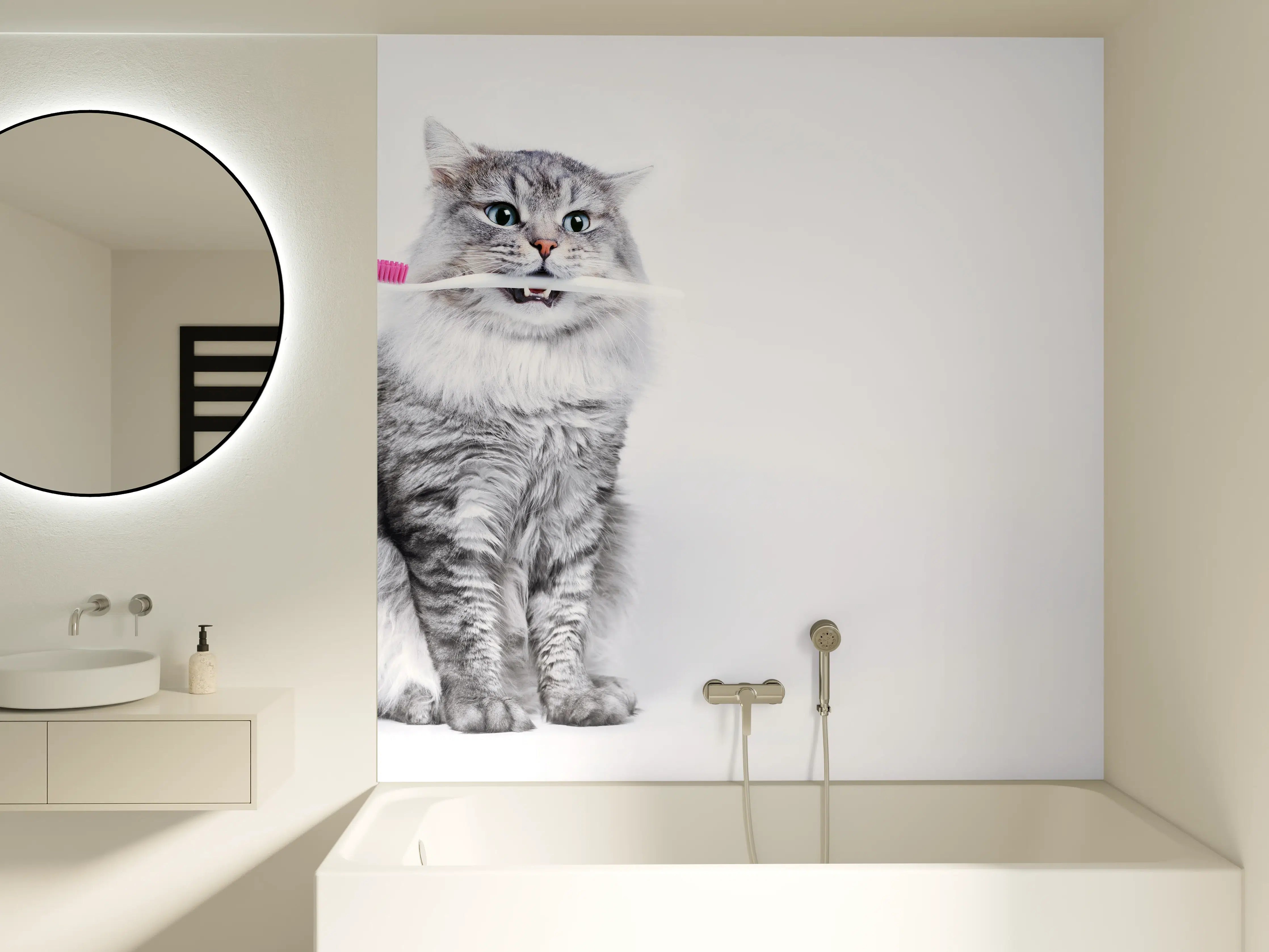 Badewannen-Rückwand - Lustige Katze mit Zahnbürste