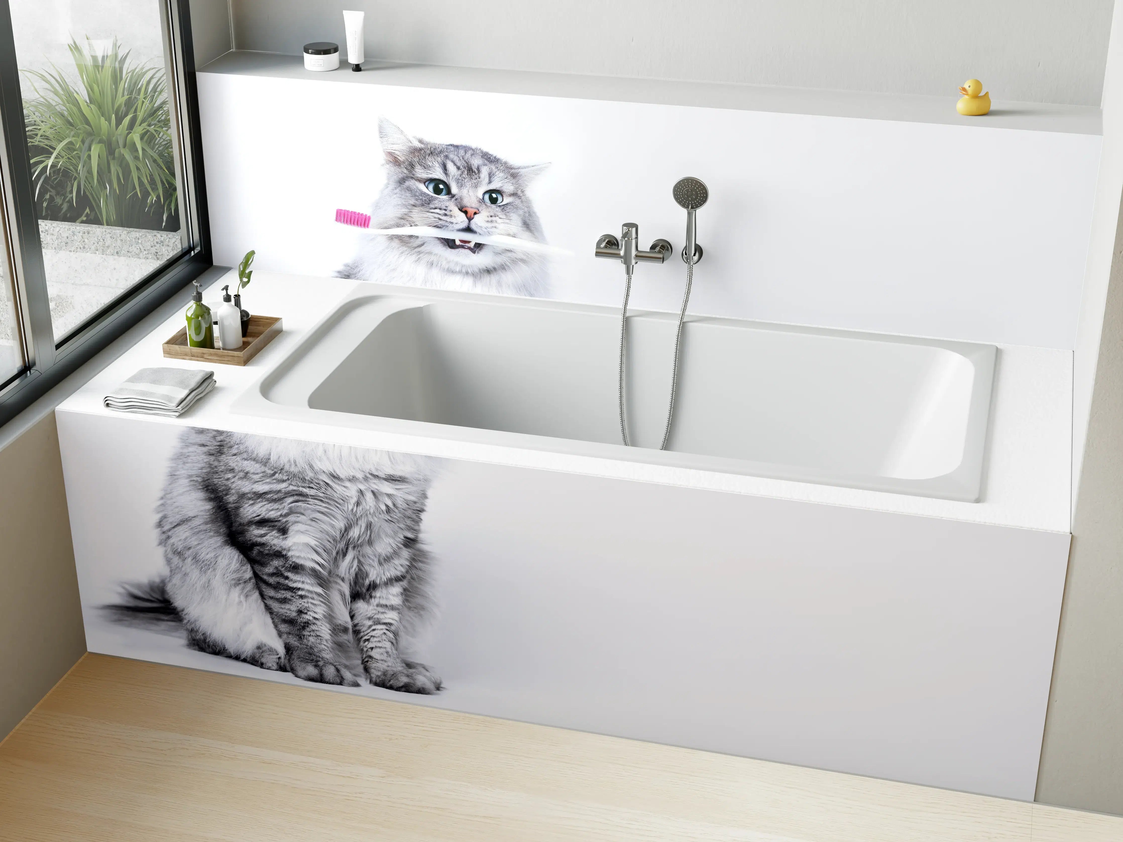 Badewannen-Rückwand - Lustige Katze mit Zahnbürste