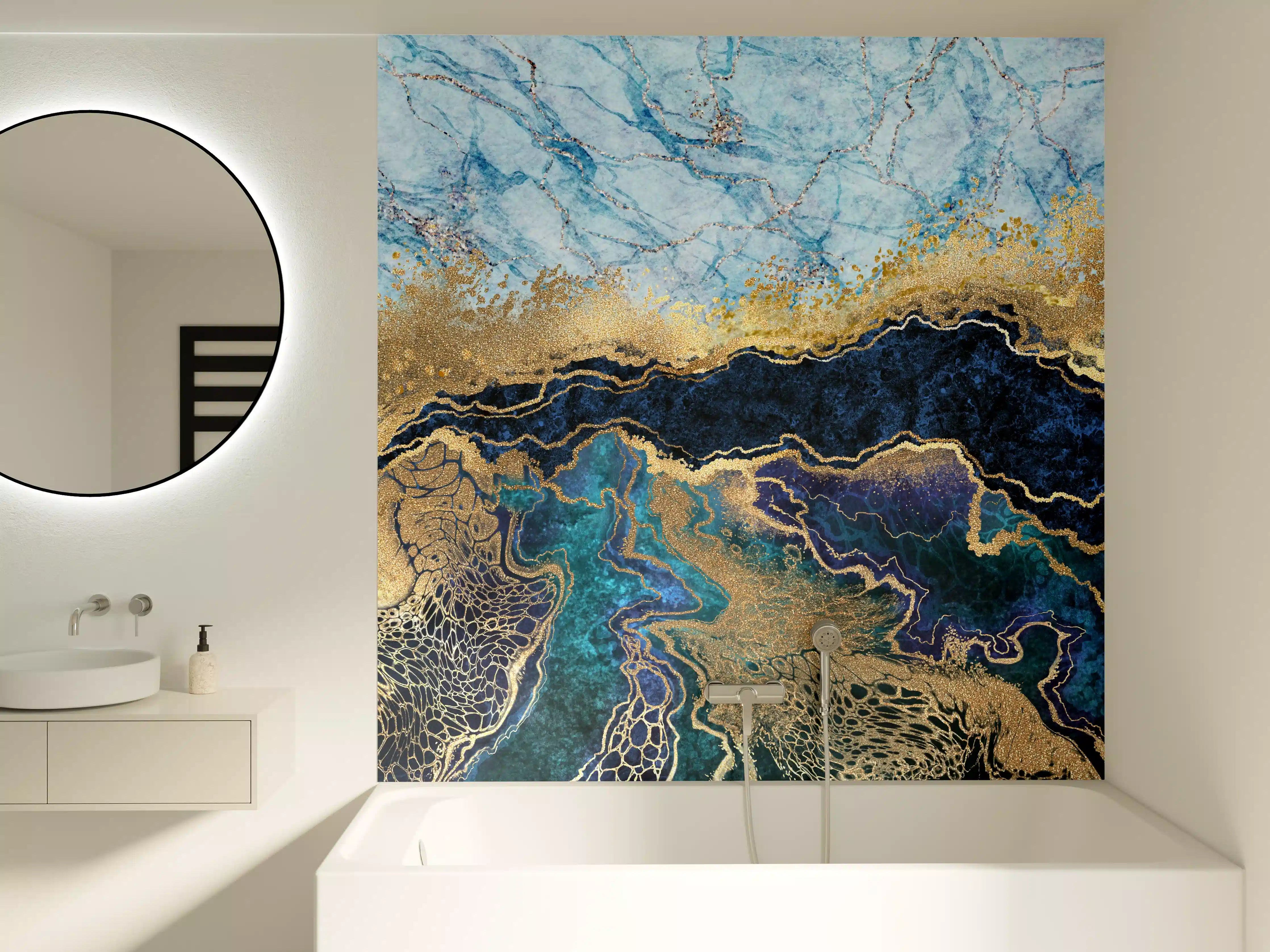 Badewannen-Rückwand - Luxuriöse Gold-Blau-Textur mit maritimen Akzenten