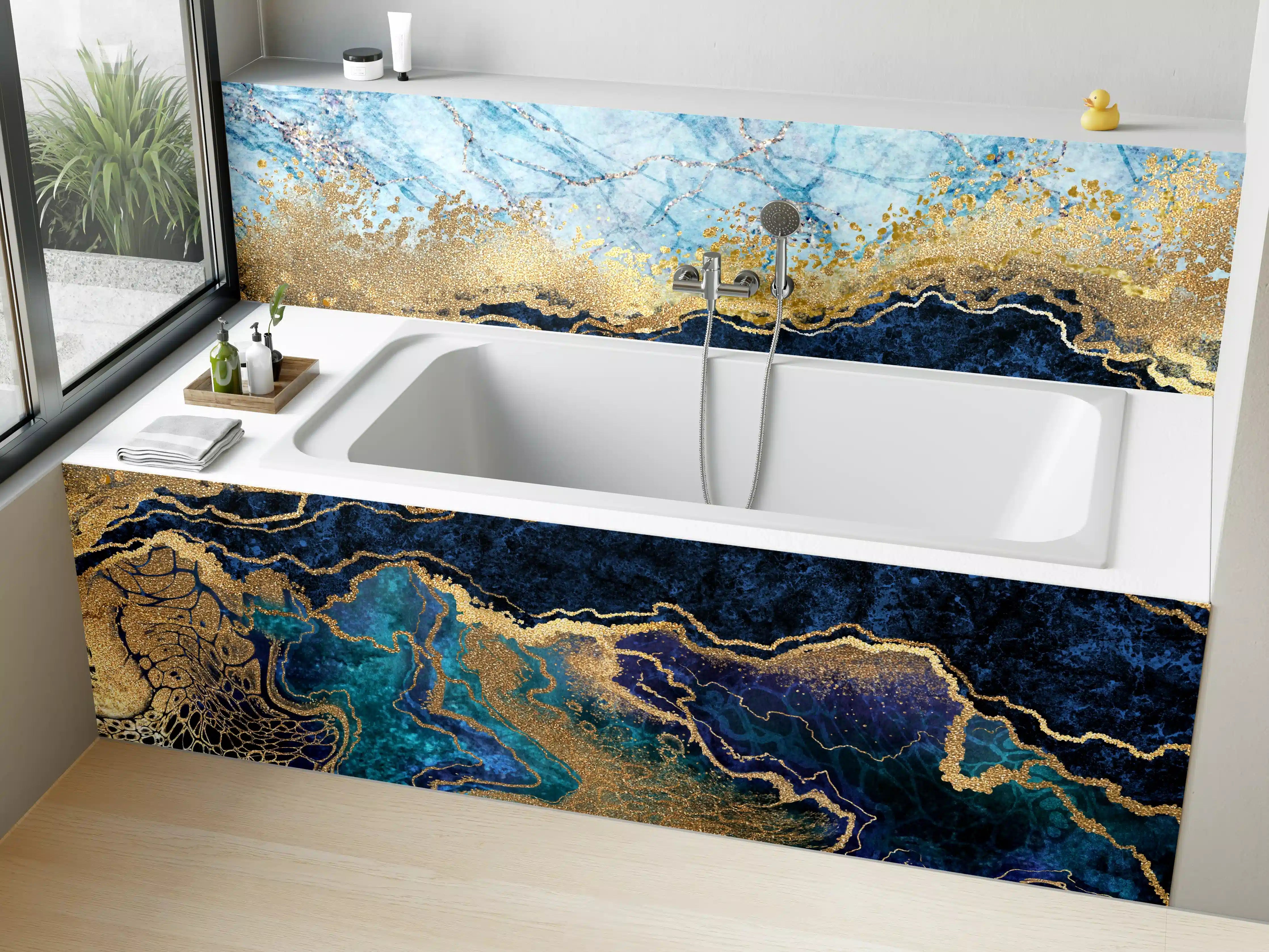 Badewannen-Rückwand - Luxuriöse Gold-Blau-Textur mit maritimen Akzenten