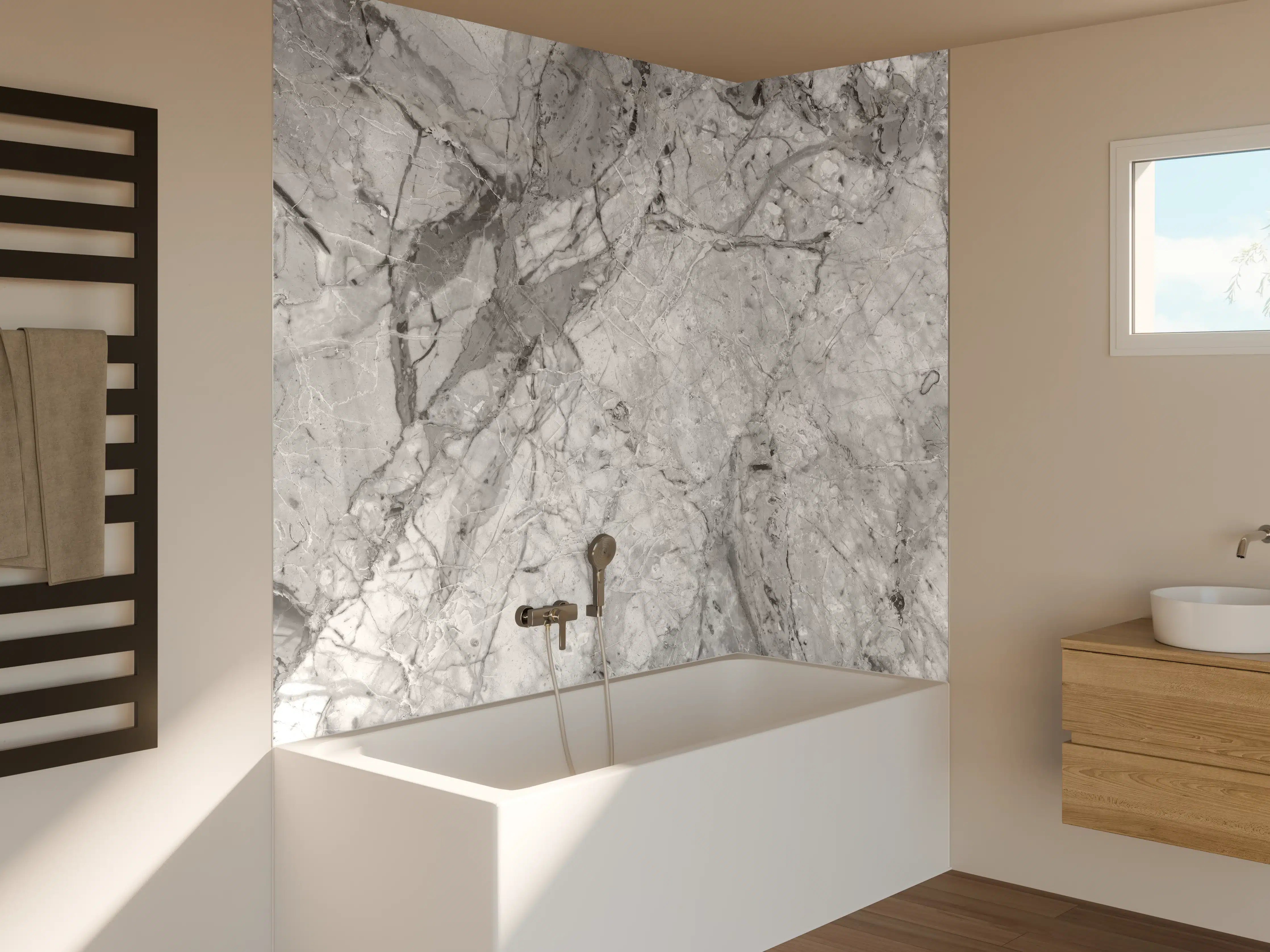 Badewannen-Rückwand - Luxuriöse Marmorstruktur in Weißgrau